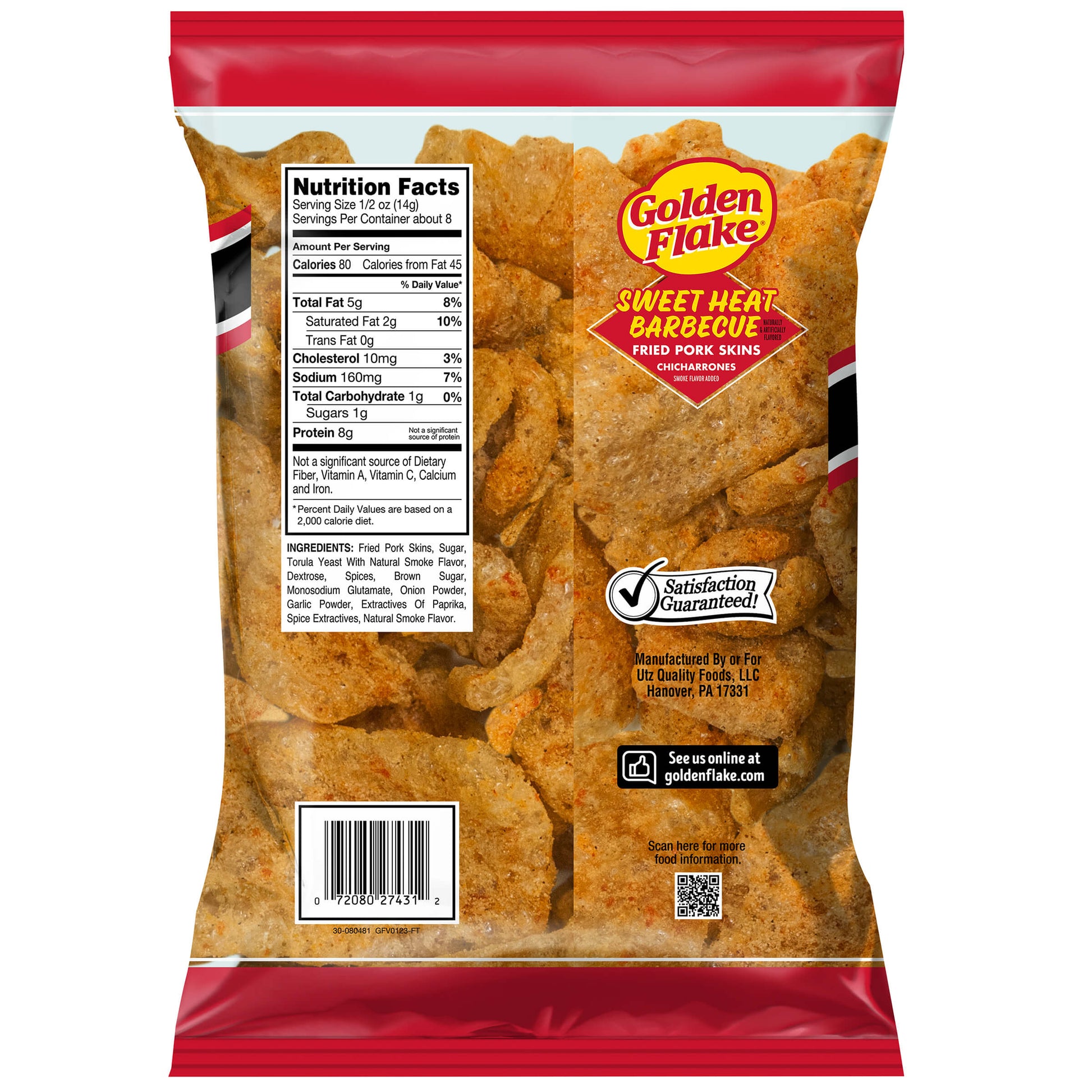 Package of Golden Flake Sweet Heat Barbecue Fried Pork Skins with nutrition label and branding.