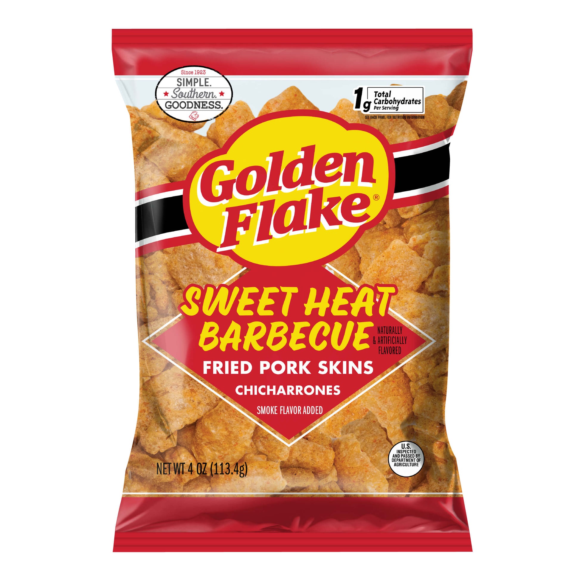 Packaging of Golden Flake Sweet Heat Barbecue Fried Pork Skins on a white background