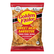 Packaging of Golden Flake Sweet Heat Barbecue Fried Pork Skins on a white background