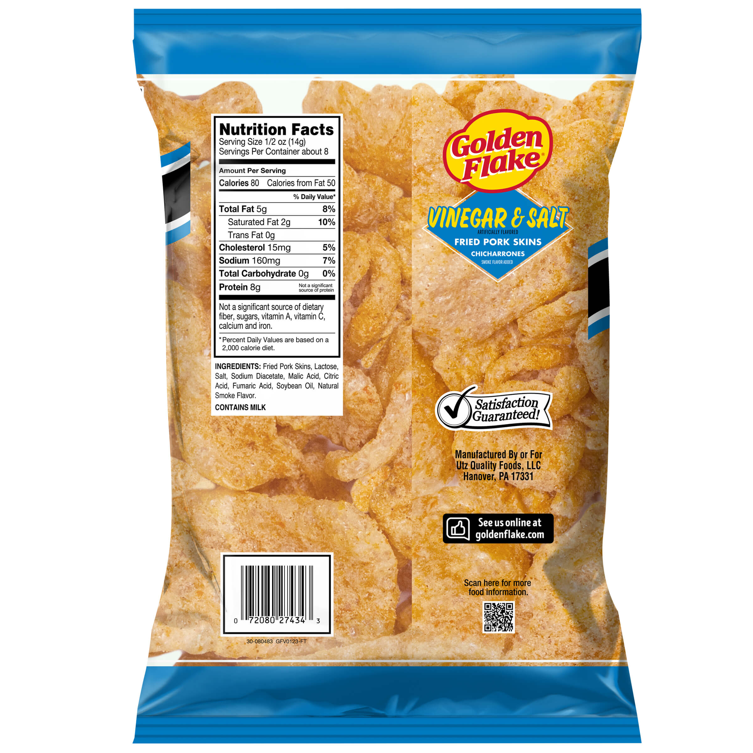 Back of Golden Flake Vinegar & Salt Fried Pork Skins bag showing nutrition facts and product image