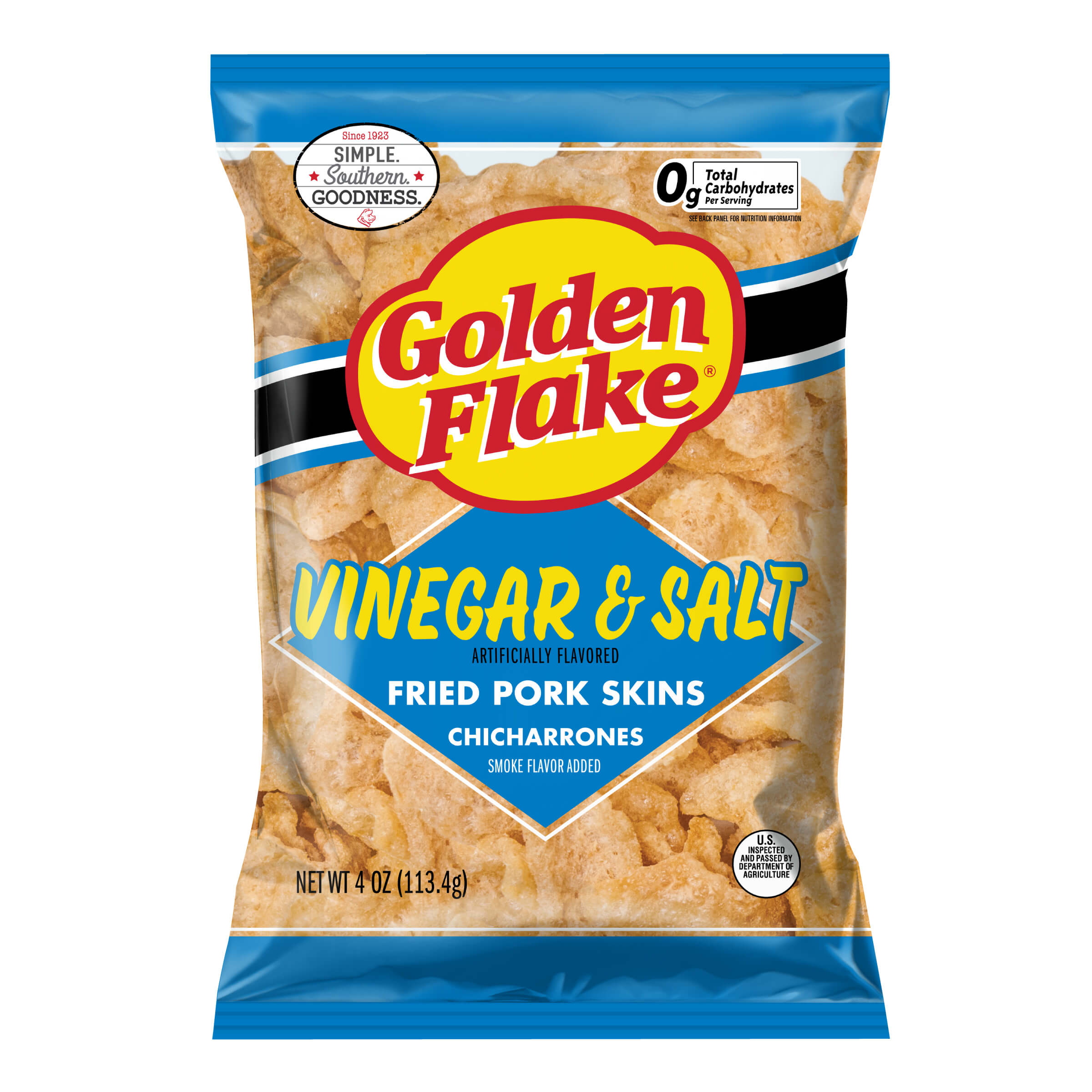 Packaging of Golden Flake Vinegar & Salt Fried Pork Skins on a white background