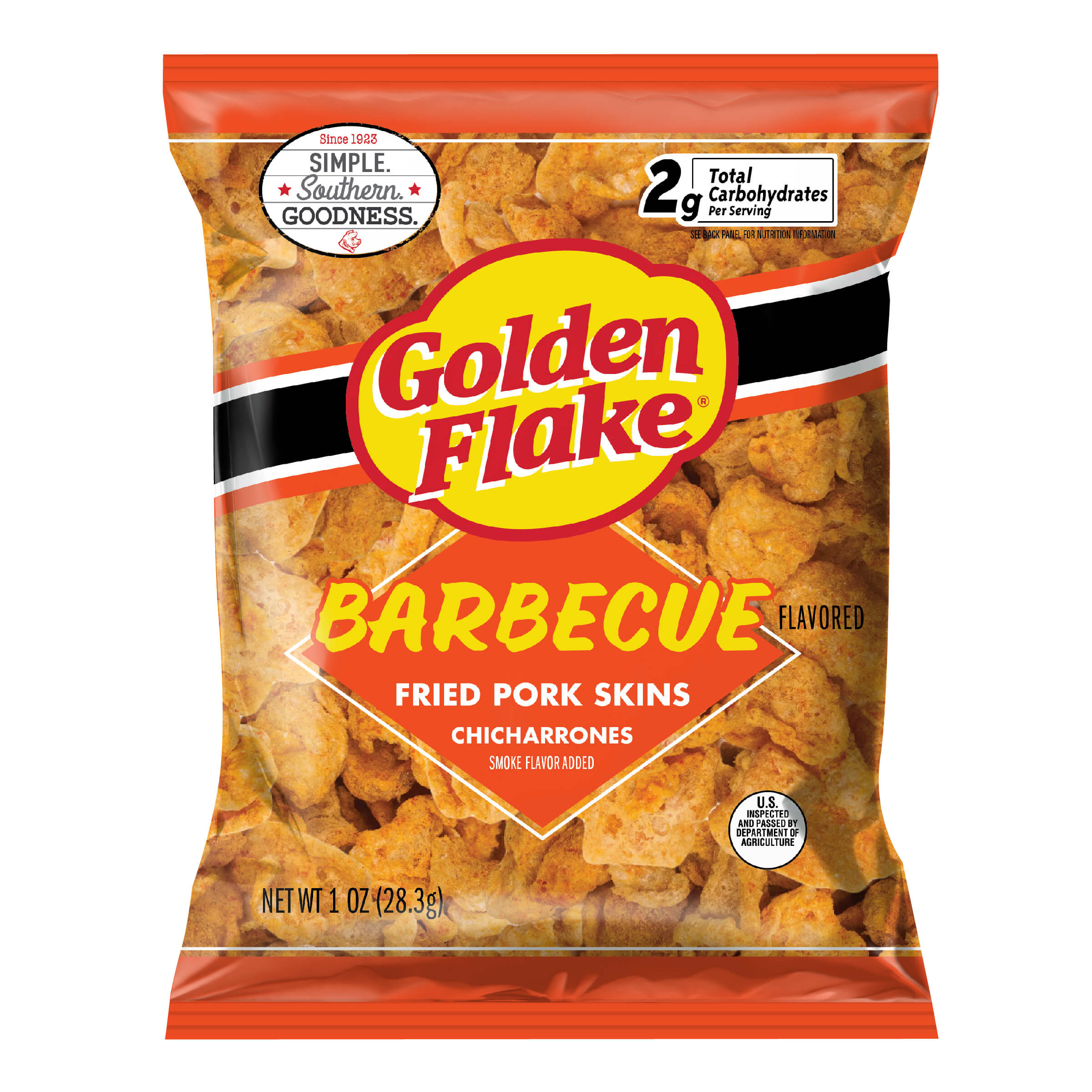 Packaged snack of Golden Flake Barbecue flavored fried pork skins on a white background