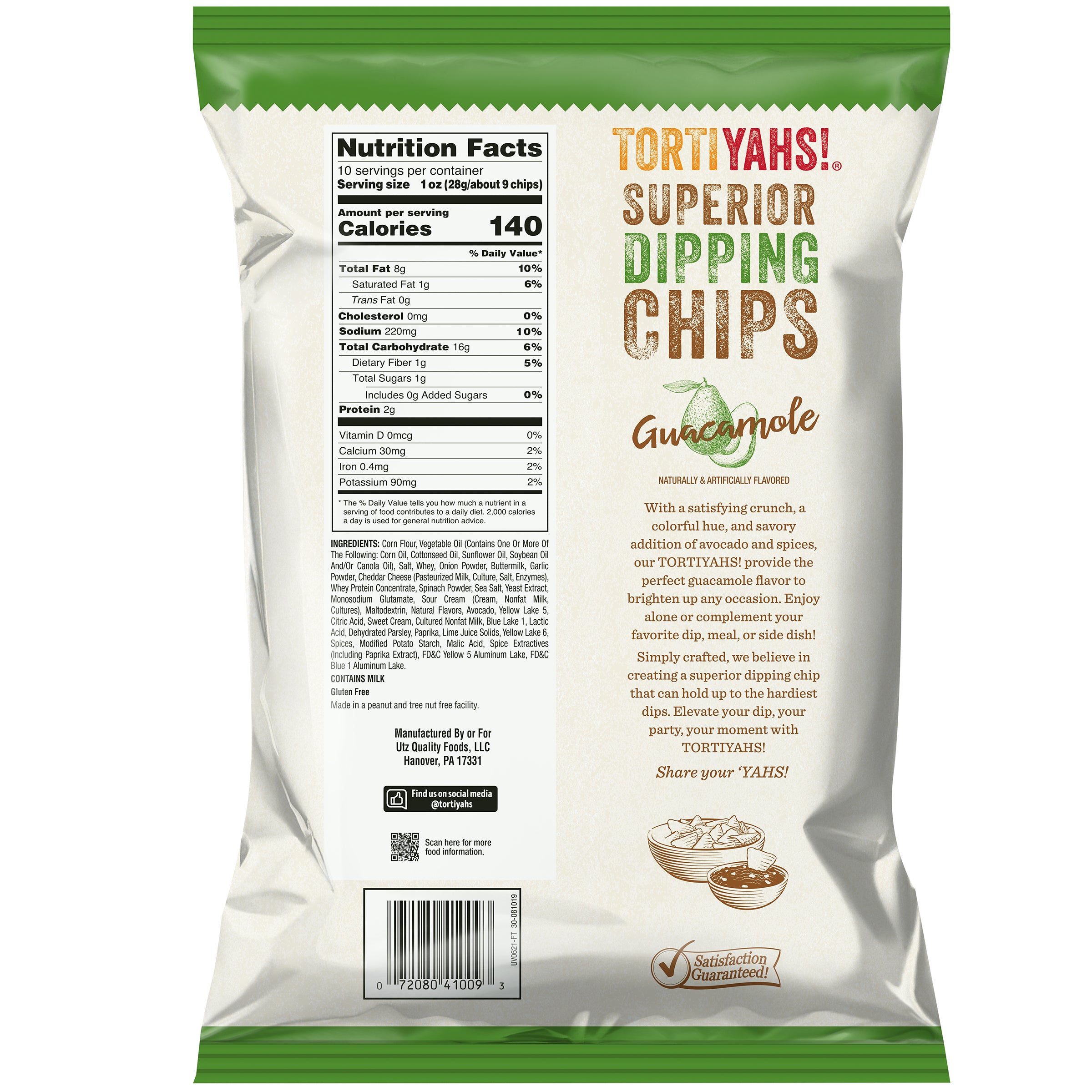 Tortiyahs Guacamole dipping chips packaging with nutrition facts and branding details.