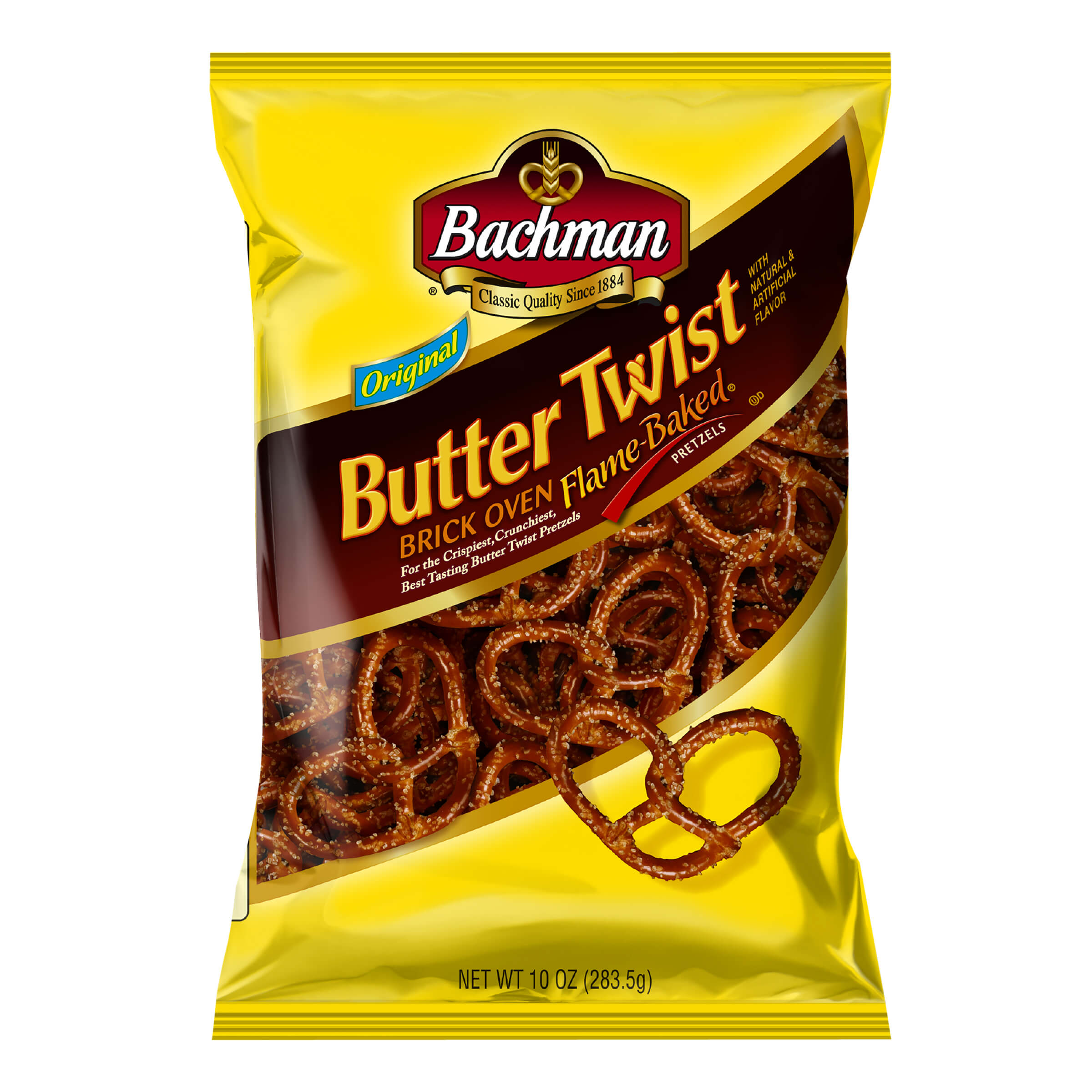 Bag of Bachman Butter Twist pretzels with yellow and brown packaging.