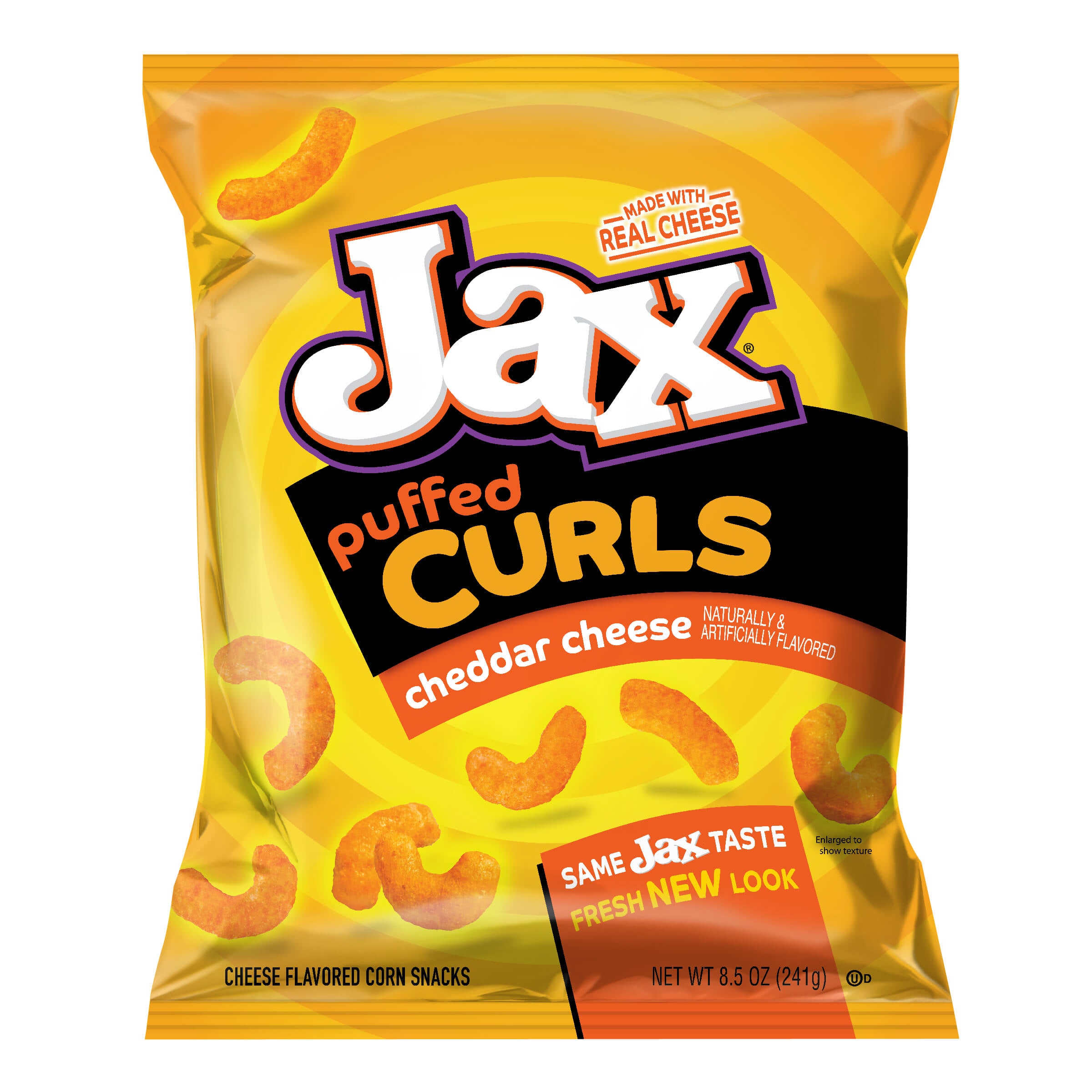 Bag of Jax puffed curls cheddar cheese flavor on a white background