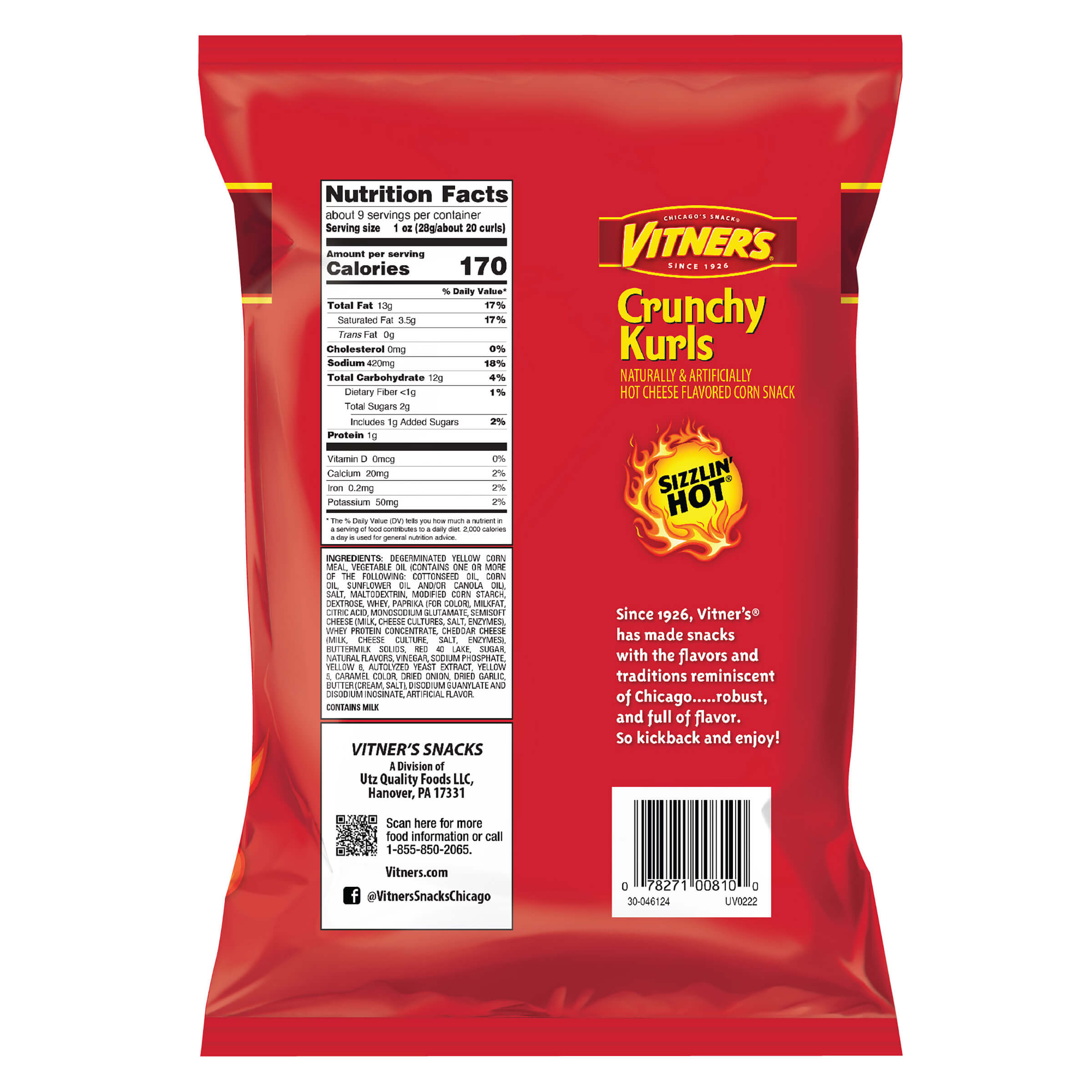 Red packaging of Vitner's Crunchy Kurls with nutritional information and branding on a white background