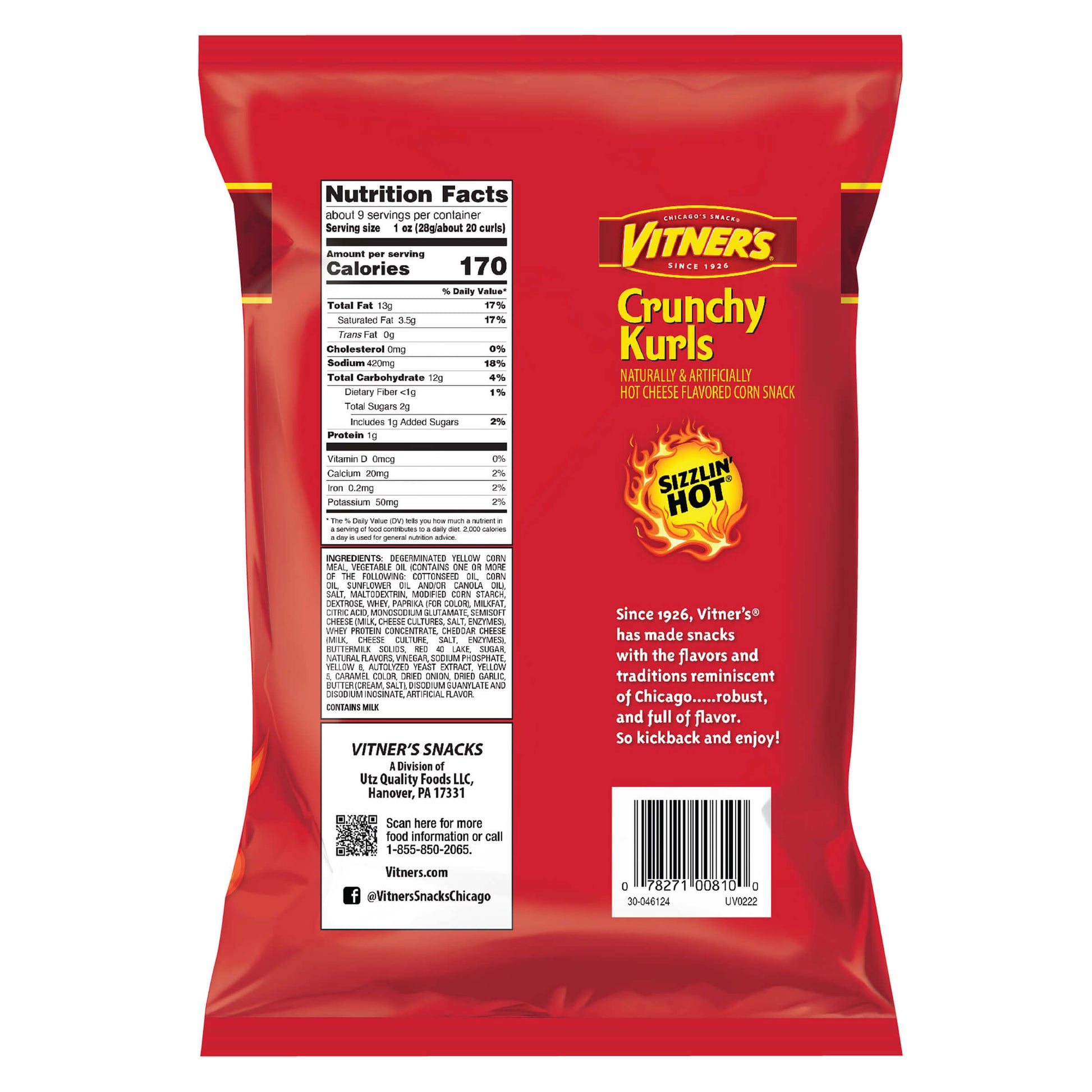 Red packaging of Vitner's Crunchy Kurls with nutritional information and branding on a white background