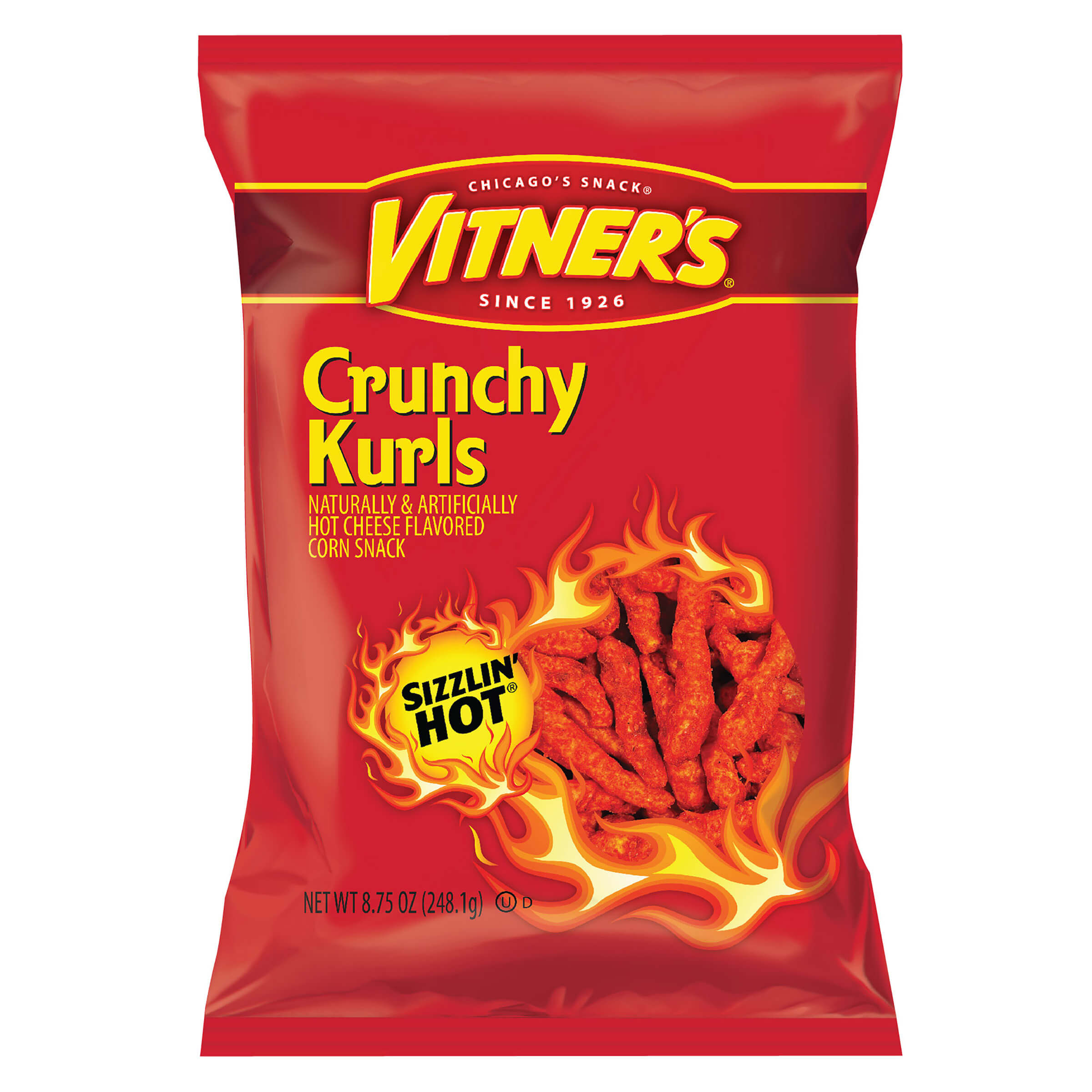 Vitner's Crunchy Kurls Sizzlin' Hot snack bag on a white background