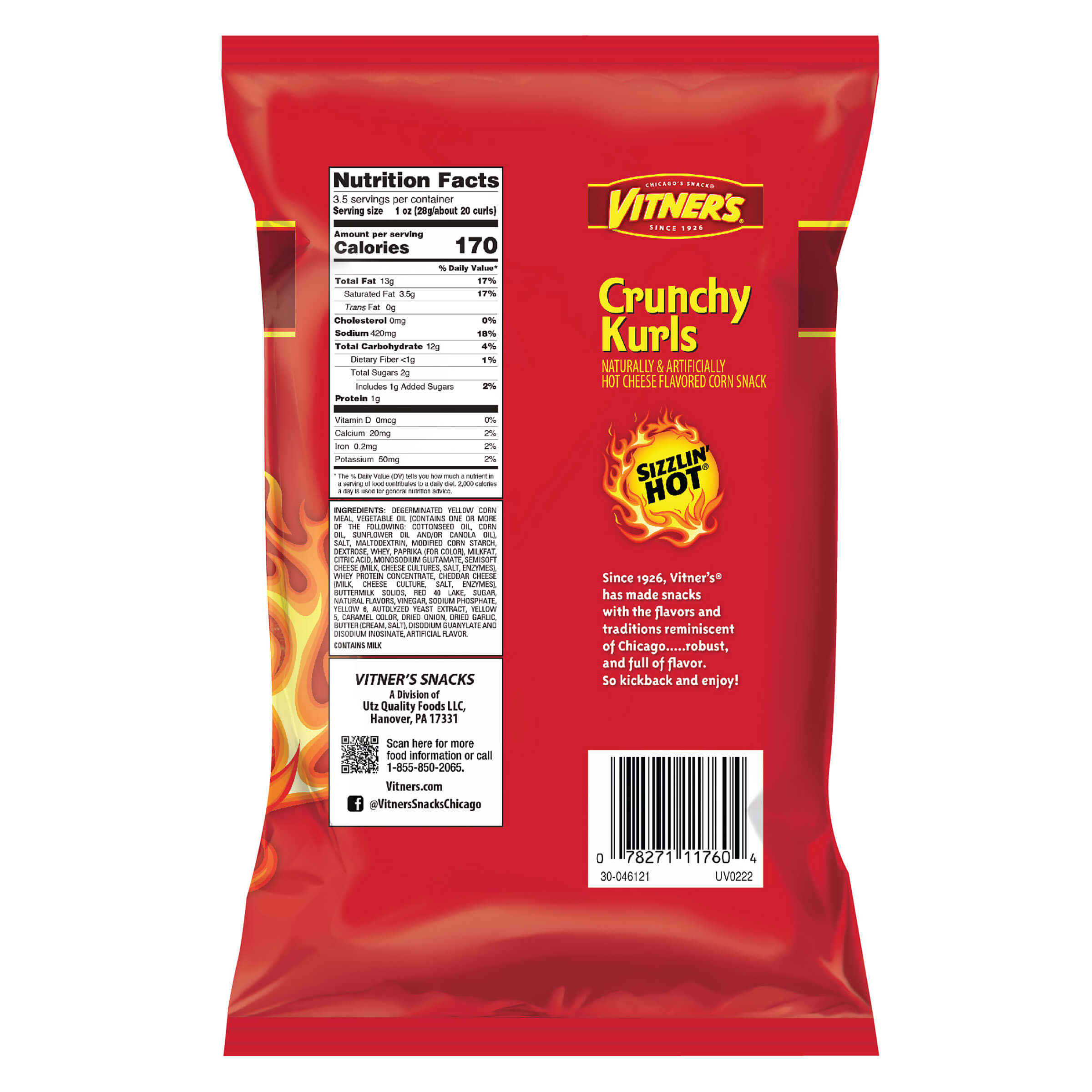 Red packaging of Vitner's Crunchy Kurls with nutritional information and branding on a white background