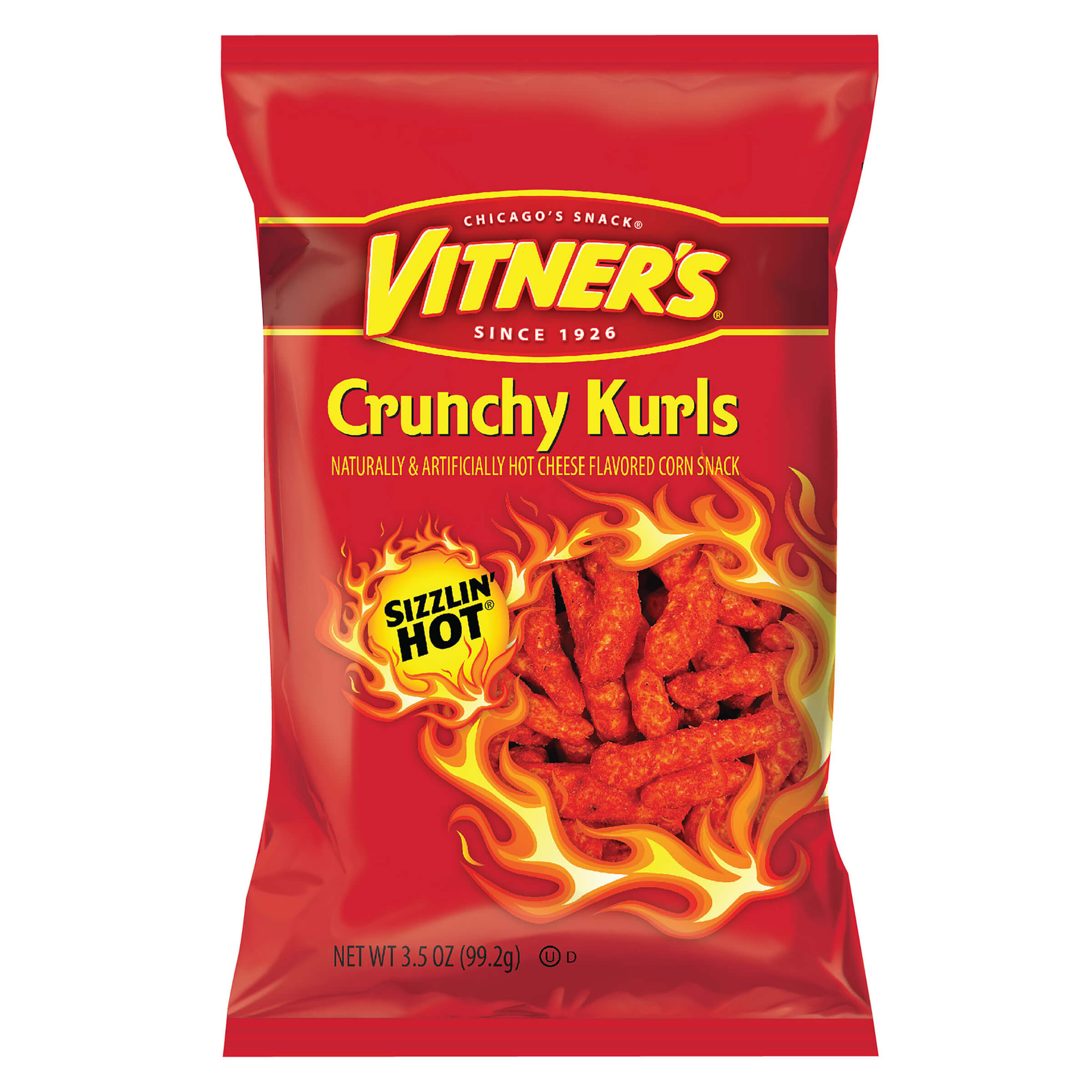 Vitner's Crunchy Kurls Sizzling Hot snack bag on a white background