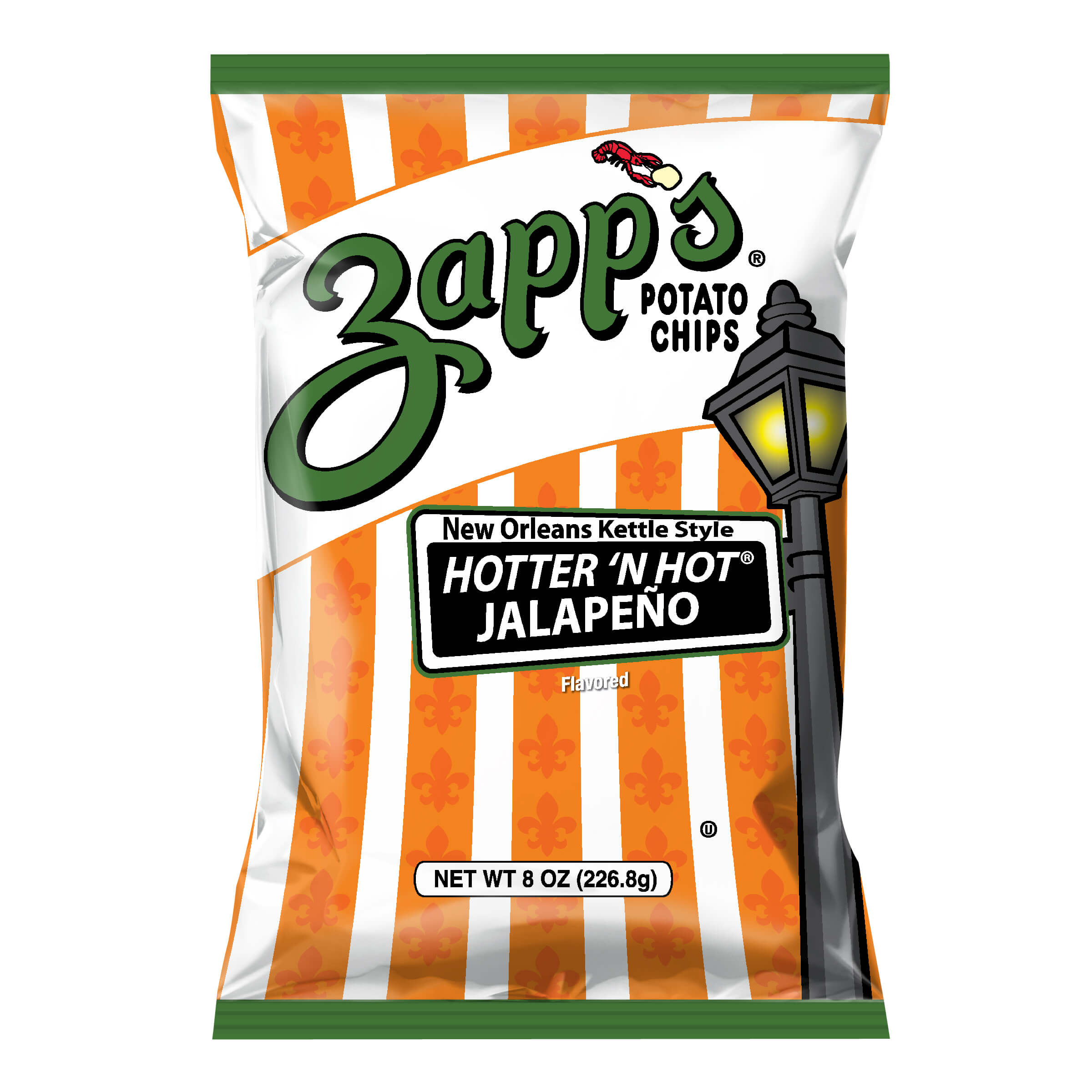 Zapp's Potato Chips packaging with striped design and jalapeño flavor text.