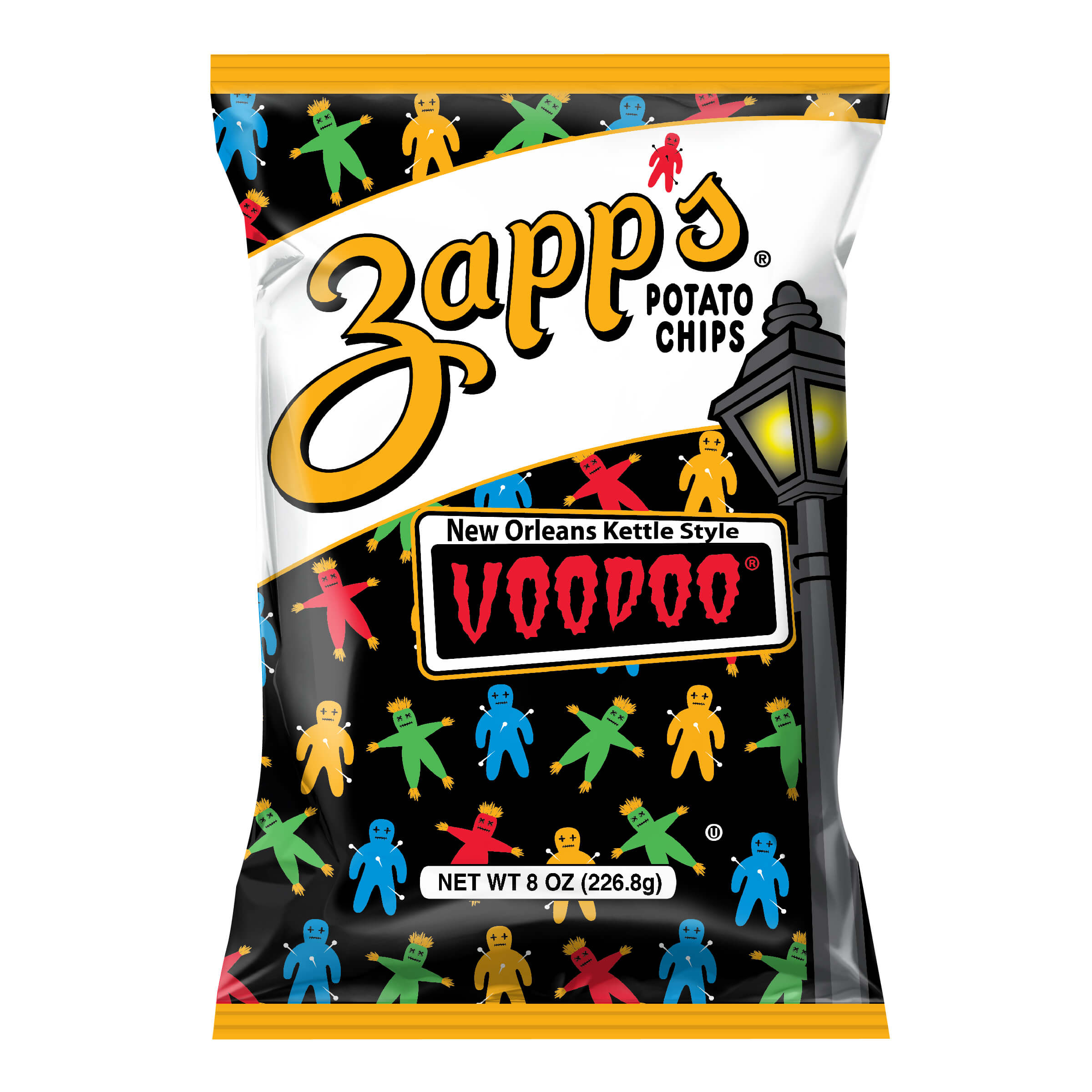 Zapp's Voodoo potato chips packaging with colorful figures and a black background