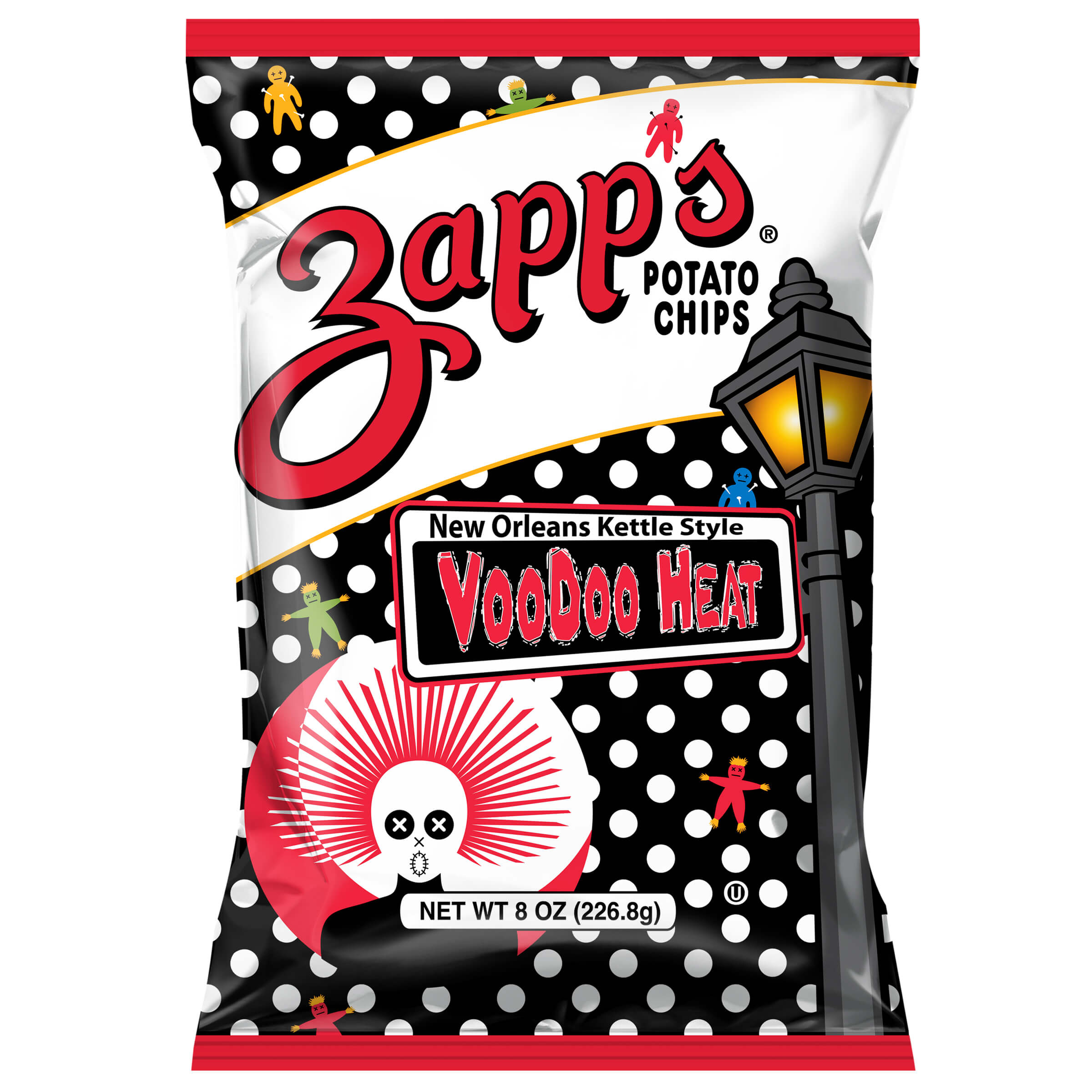 Zapp's Potato Chips VooDoo Heat packaging with black, white, and red design.