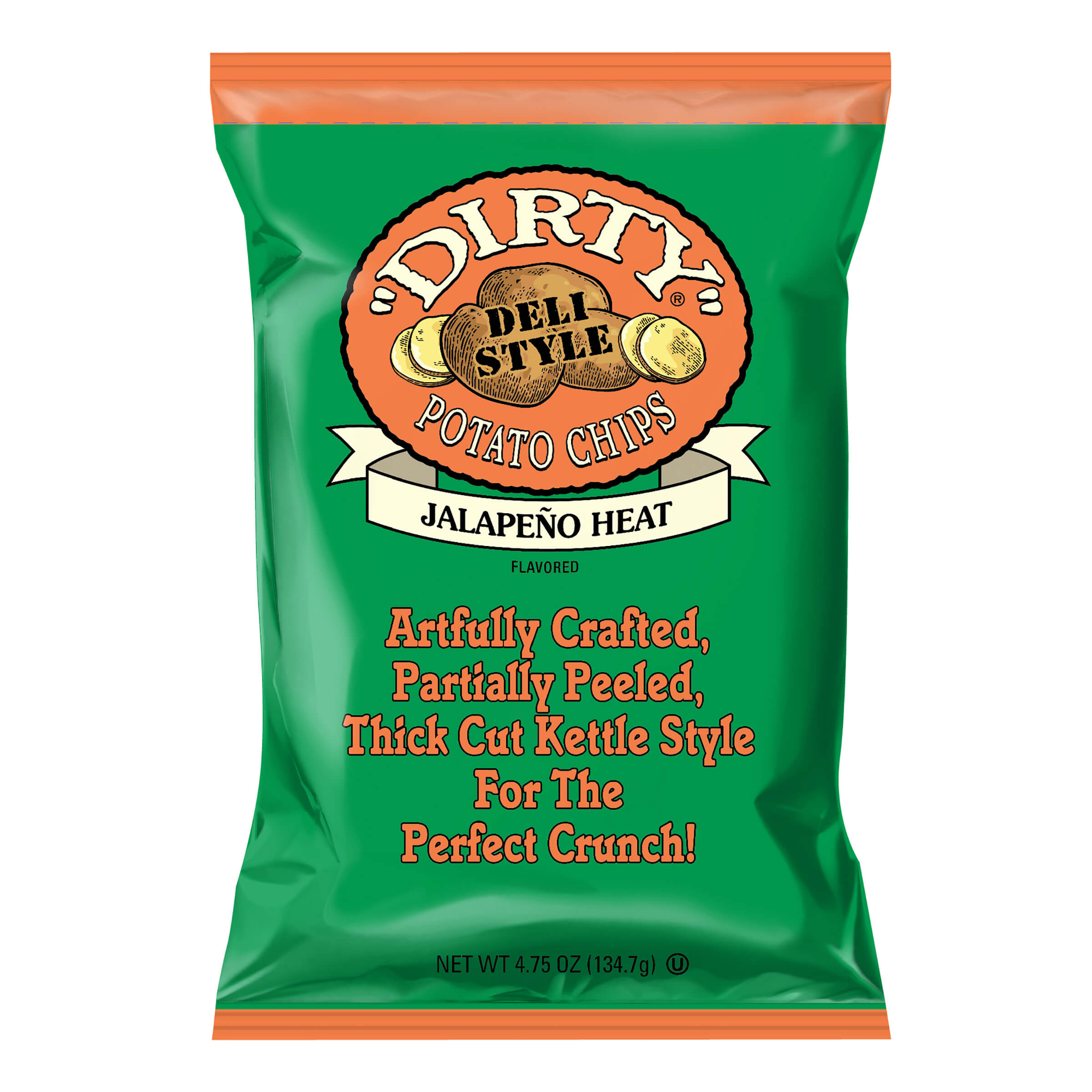 Green bag of Dirty Potato Chips with jalapeno heat flavor on a white background