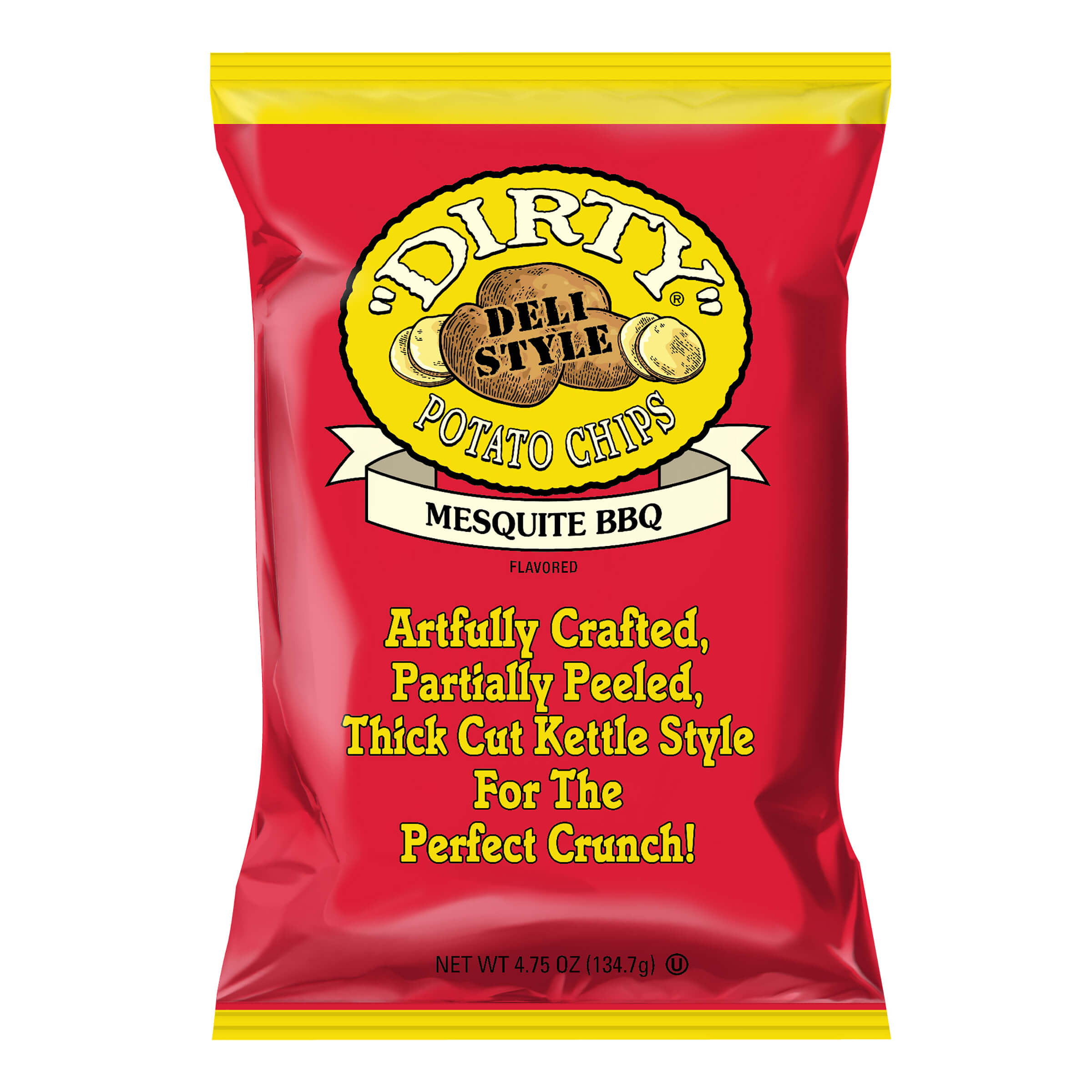 Red bag of Dirty Deli Style Mesquite BBQ potato chips with yellow text and logo.