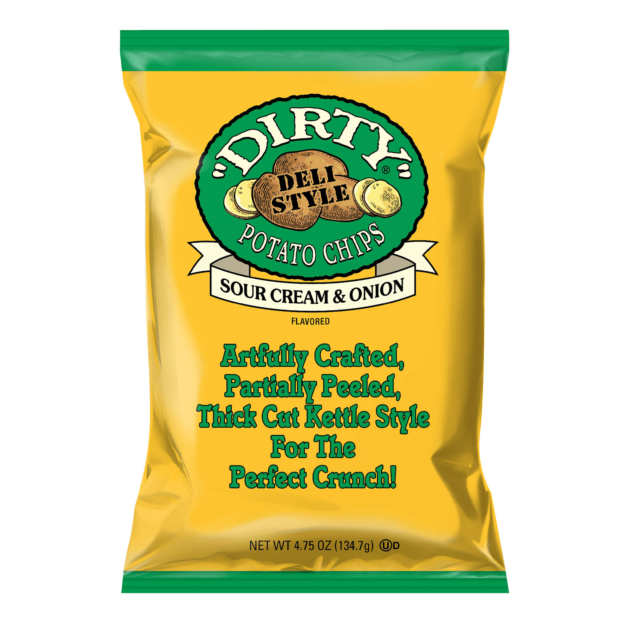Yellow bag of Dirty Potato Chips with green text and logo on a white background