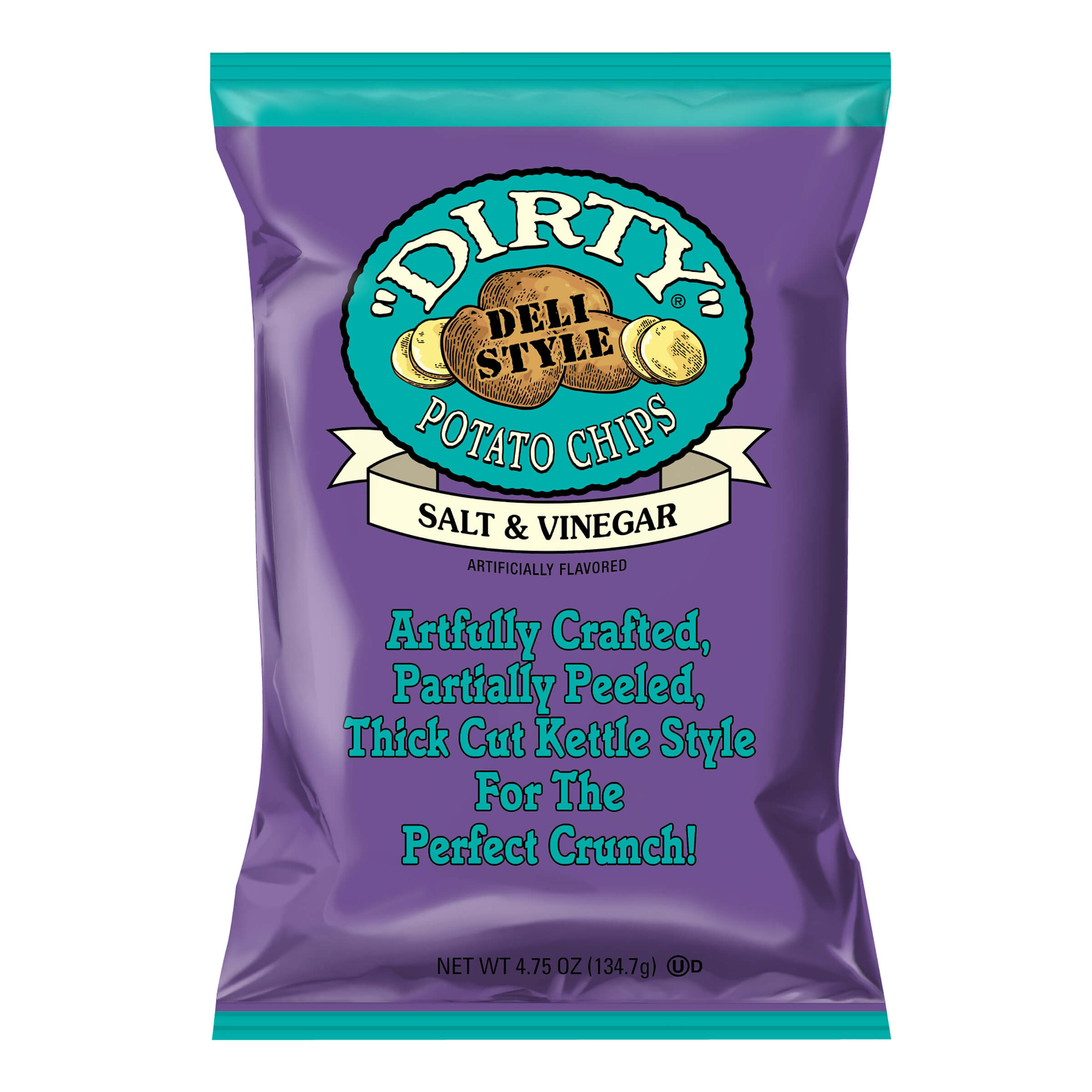 Purple bag of 'Dirty' potato chips with teal top and bottom, featuring brand logo and text.