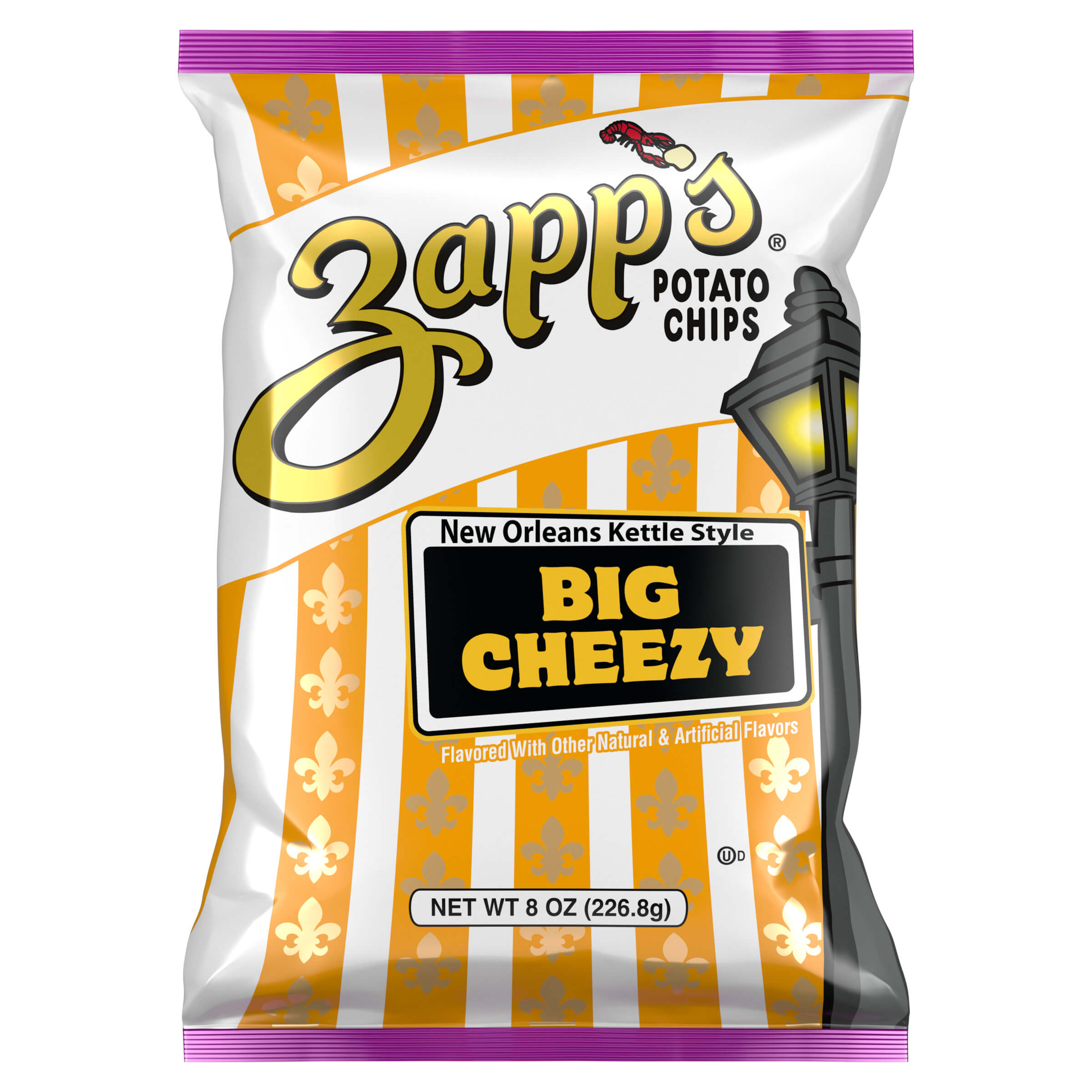 Zapp's Big Cheezy potato chips packaging on a white background