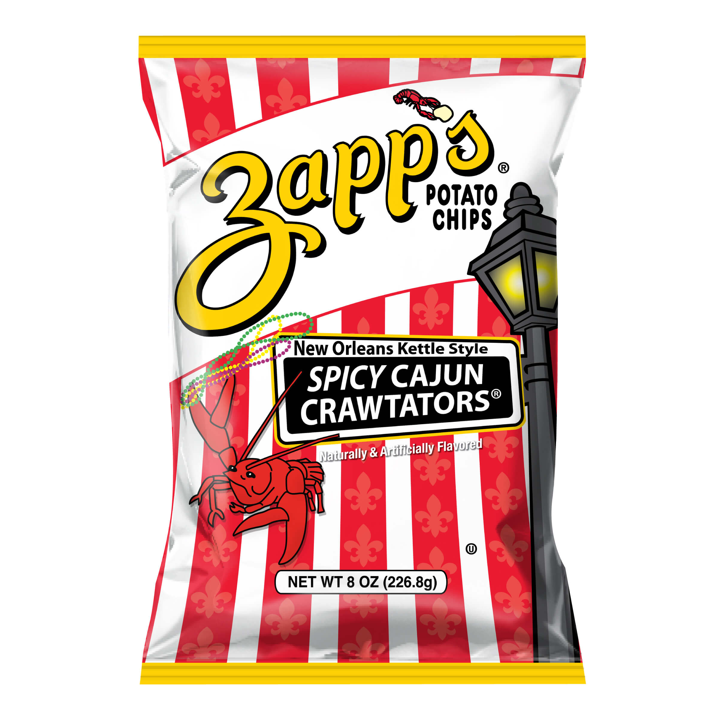 Zapp's Spicy Cajun Crawtators potato chips packaging with red and white striped design.