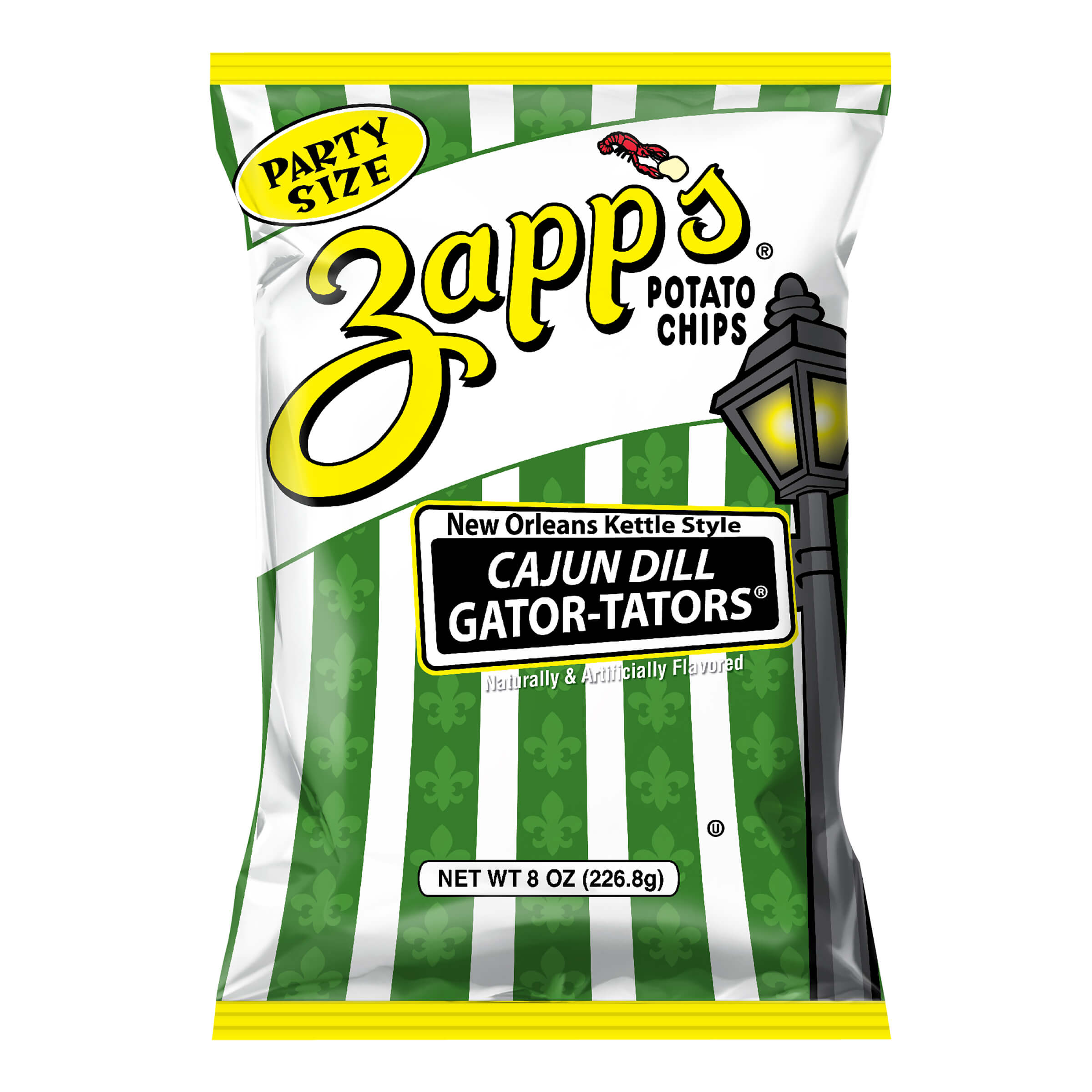 Zapp's Potato Chips Cajun Dill Gator-Tators party size bag with green and white striped design.