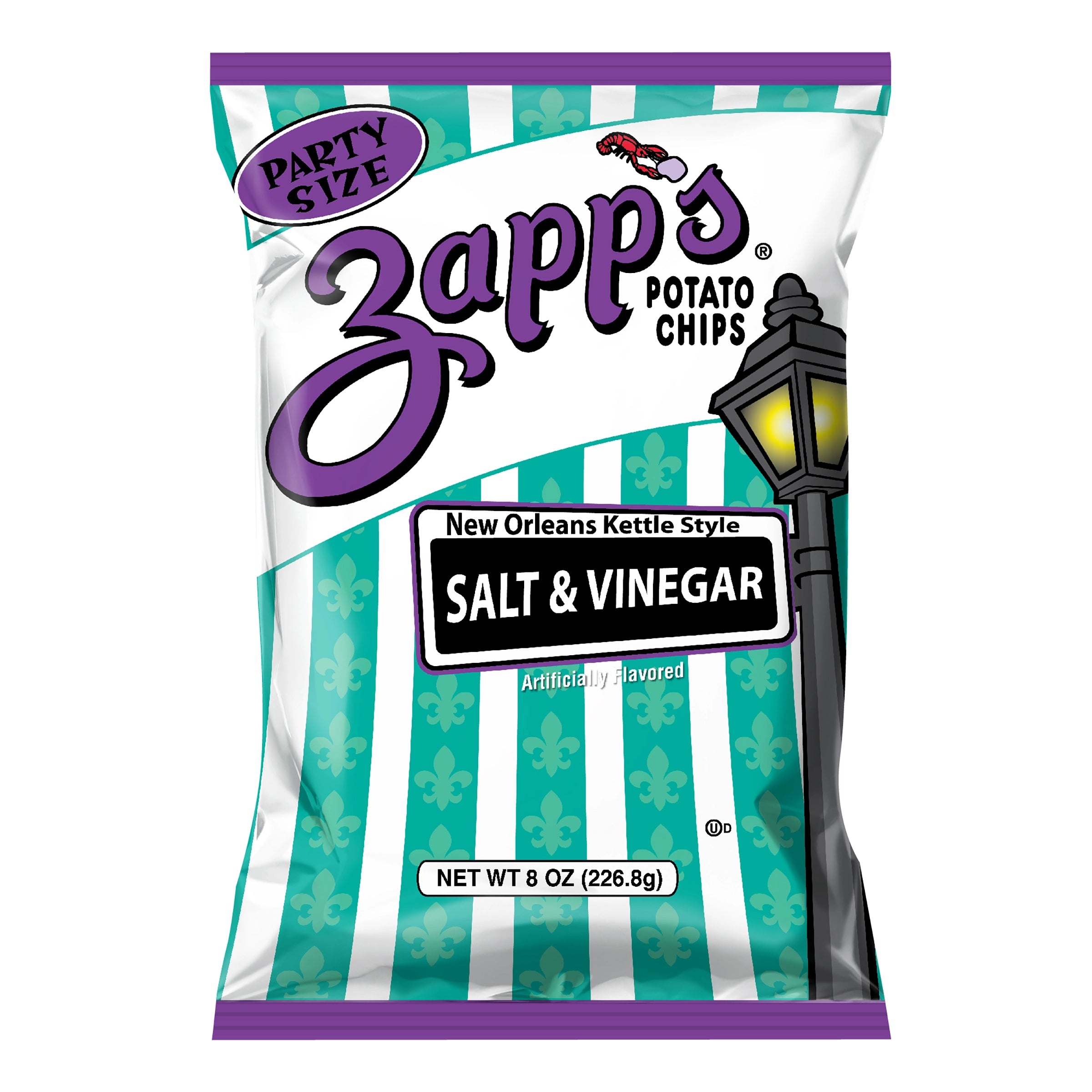 Zapp's Potato Chips salt and vinegar flavor packaging with a white background