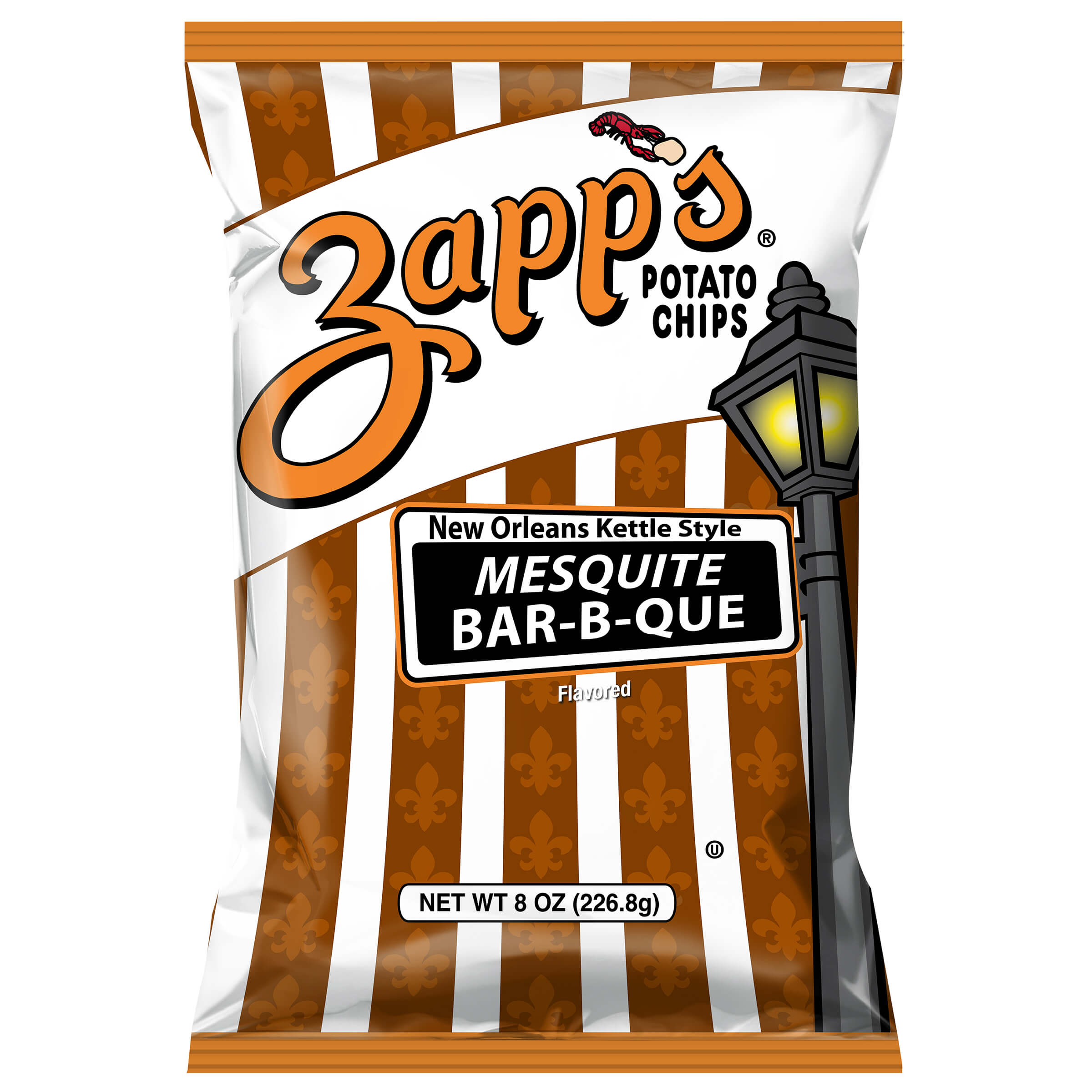 Zapp's Mesquite Bar-B-Que potato chips packaging on a white background