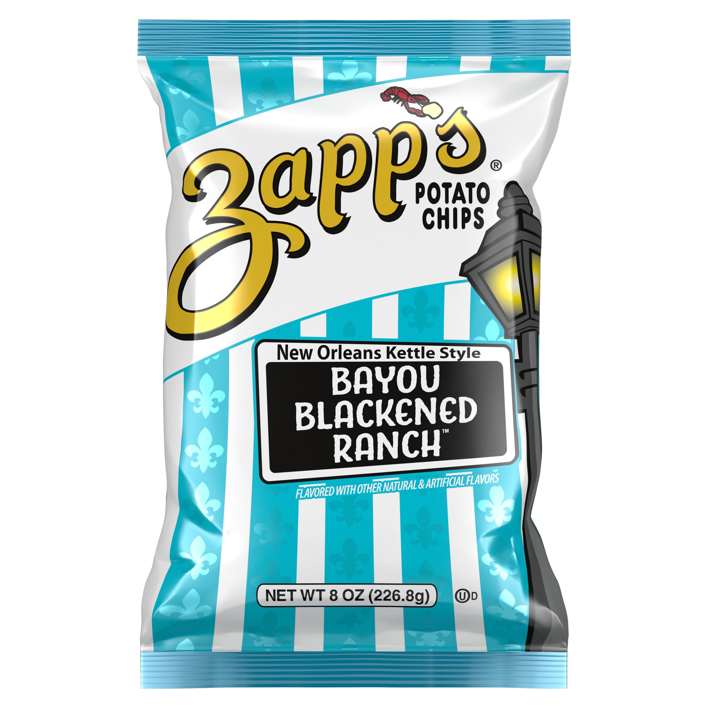 Zapp's Bayou Blackened Ranch potato chips packaging on a white background
