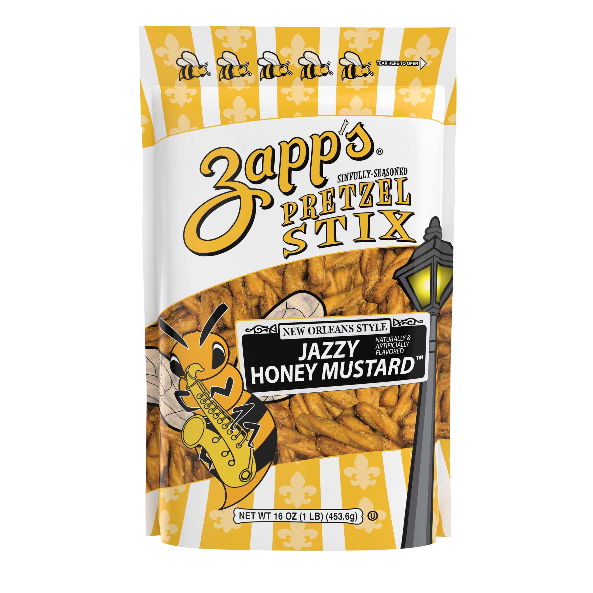 Packaging of Zapp's Pretzel Stix Jazzy Honey Mustard flavor on a white background