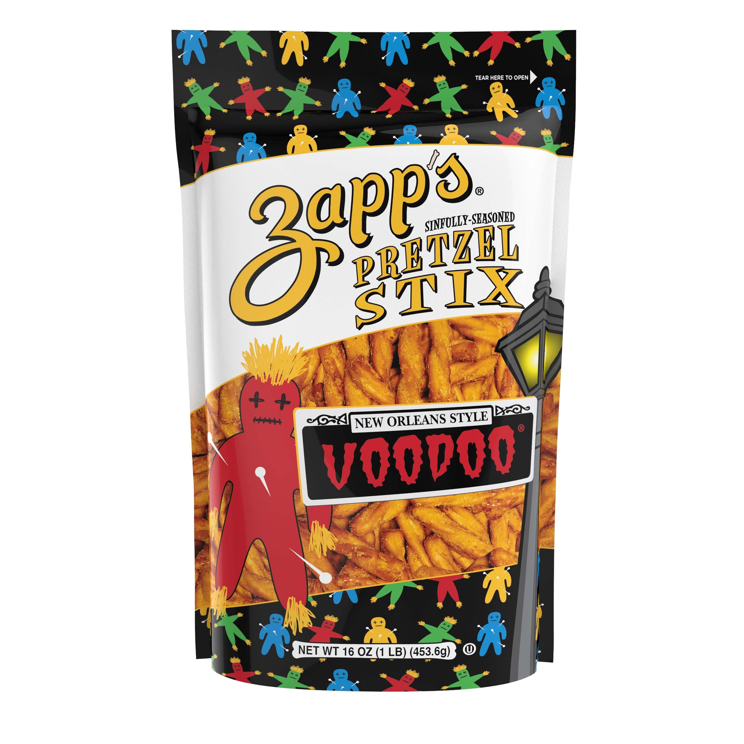 Zapp's Pretzel Stix Voodoo flavor packaging with colorful figures on a black background