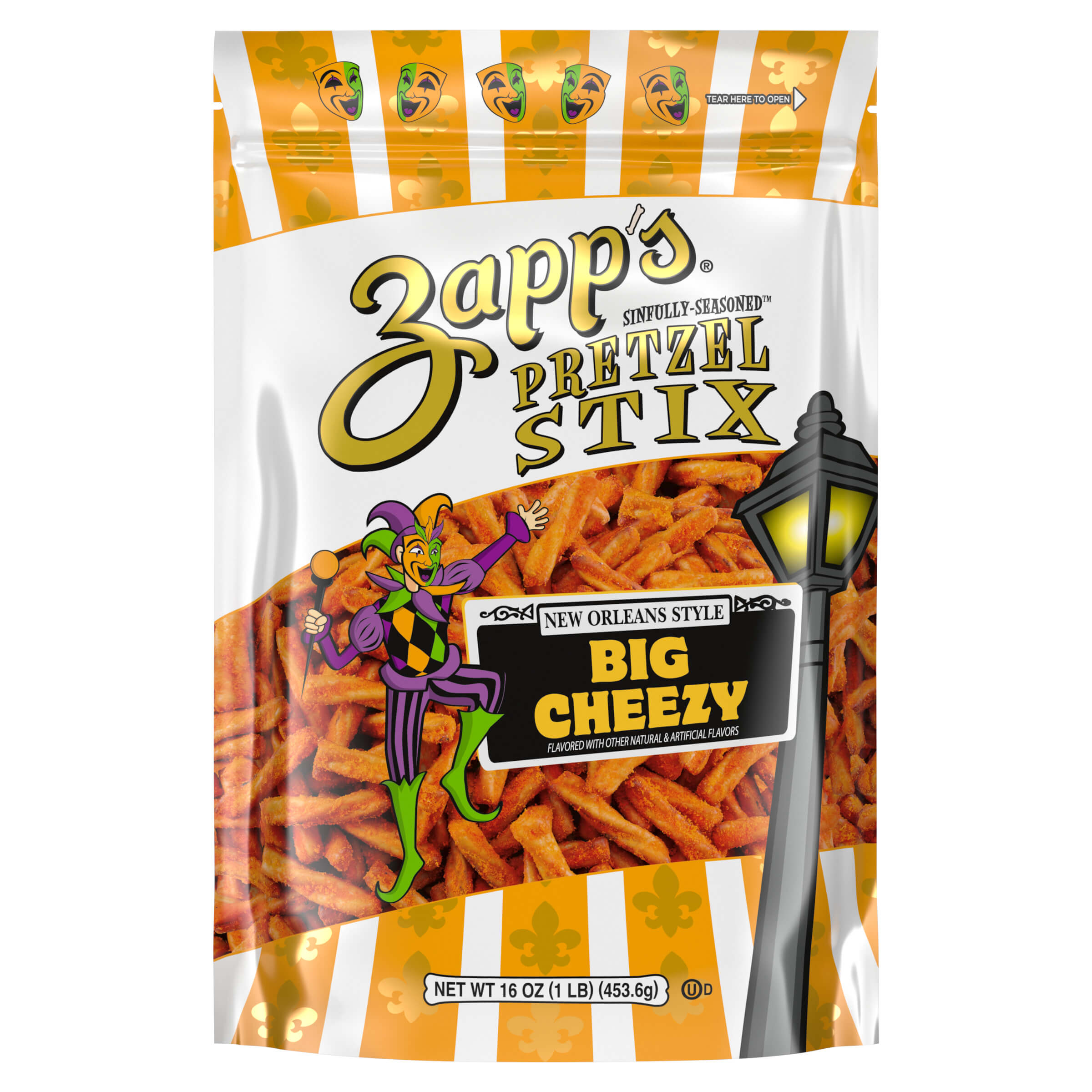 Zapp's Pretzel Stix Big Cheezy snack package with cartoon character and streetlight illustration.