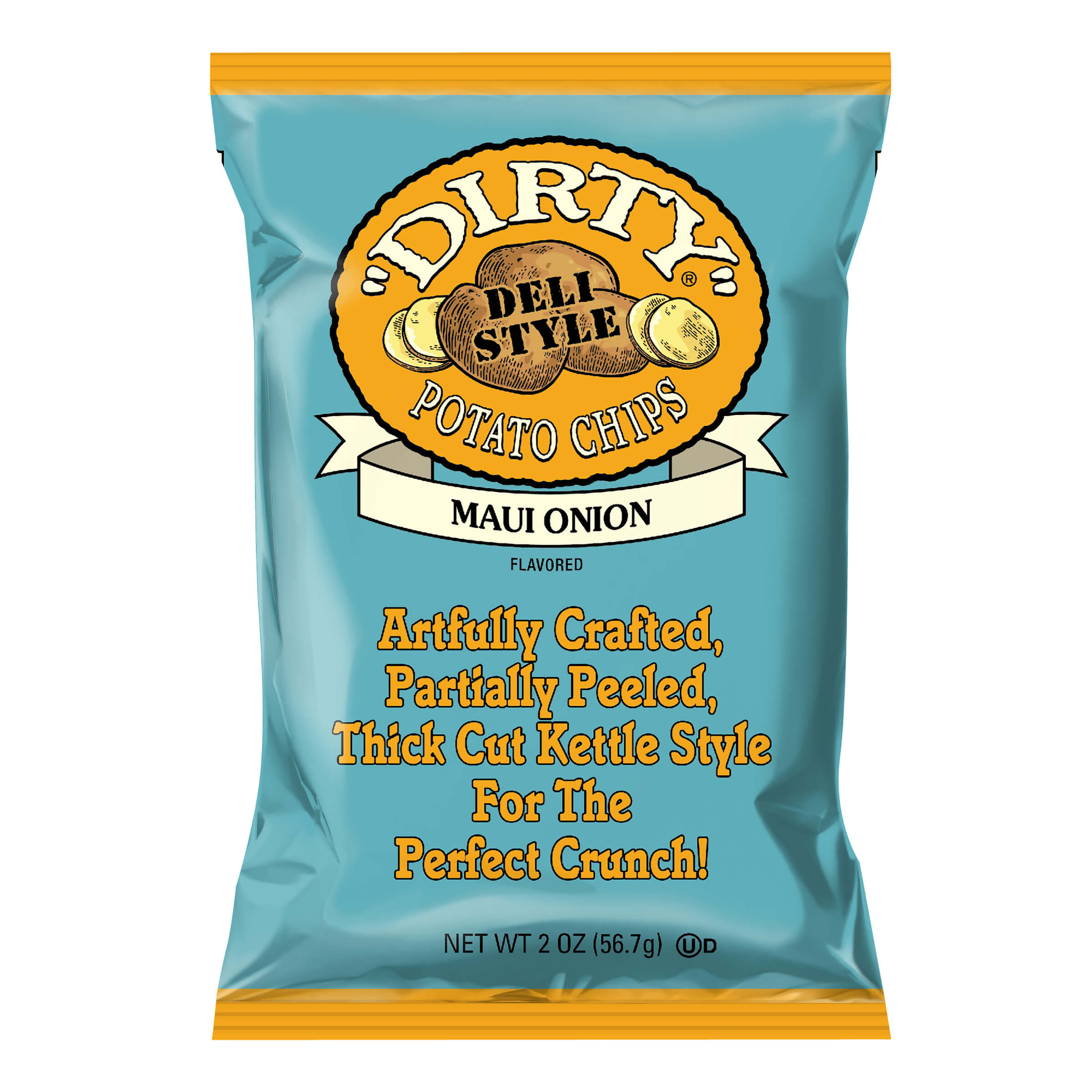 Bag of Dirty Deli Style Maui Onion potato chips with blue and yellow design.