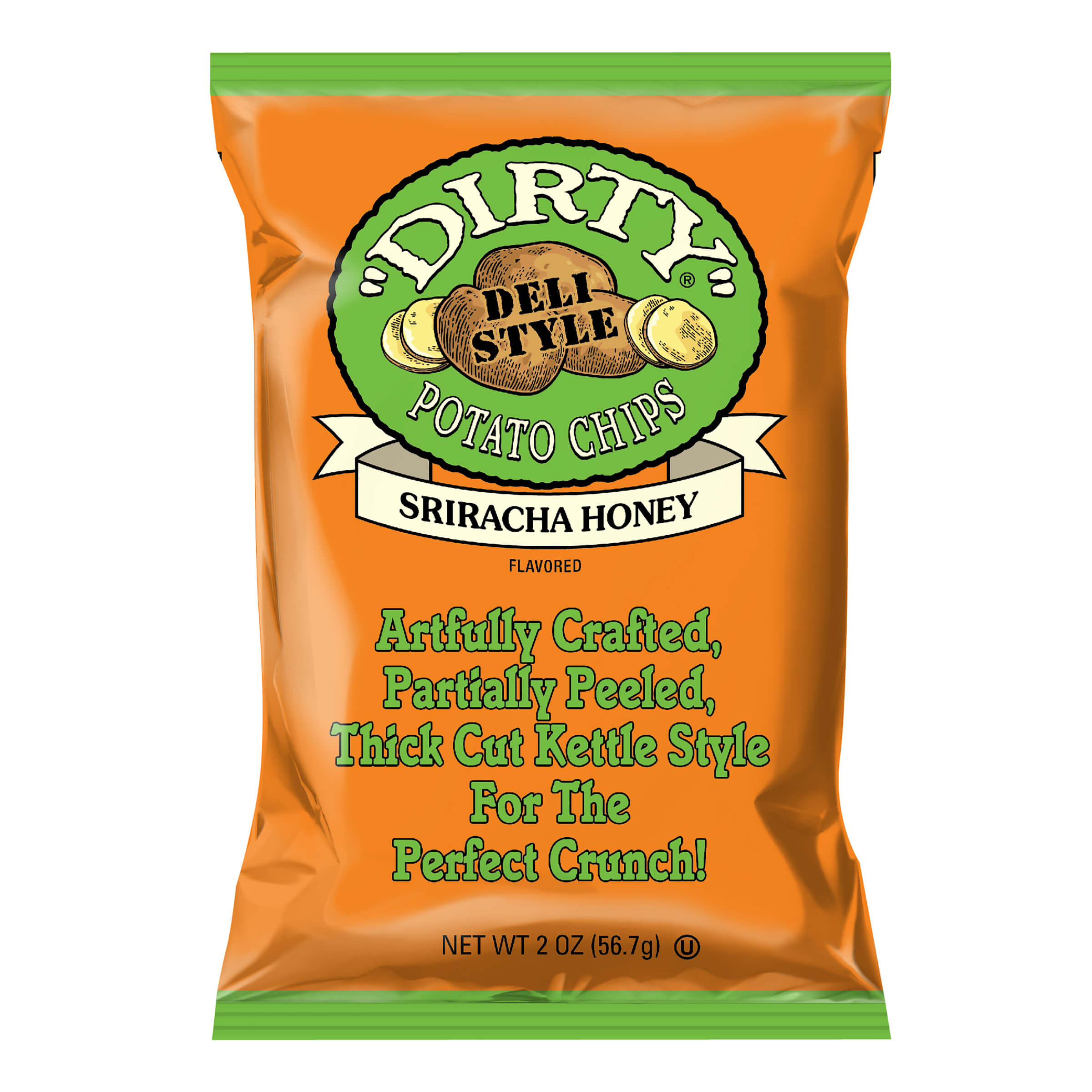 Orange bag of Dirty Deli Style Sriracha Honey potato chips with green label