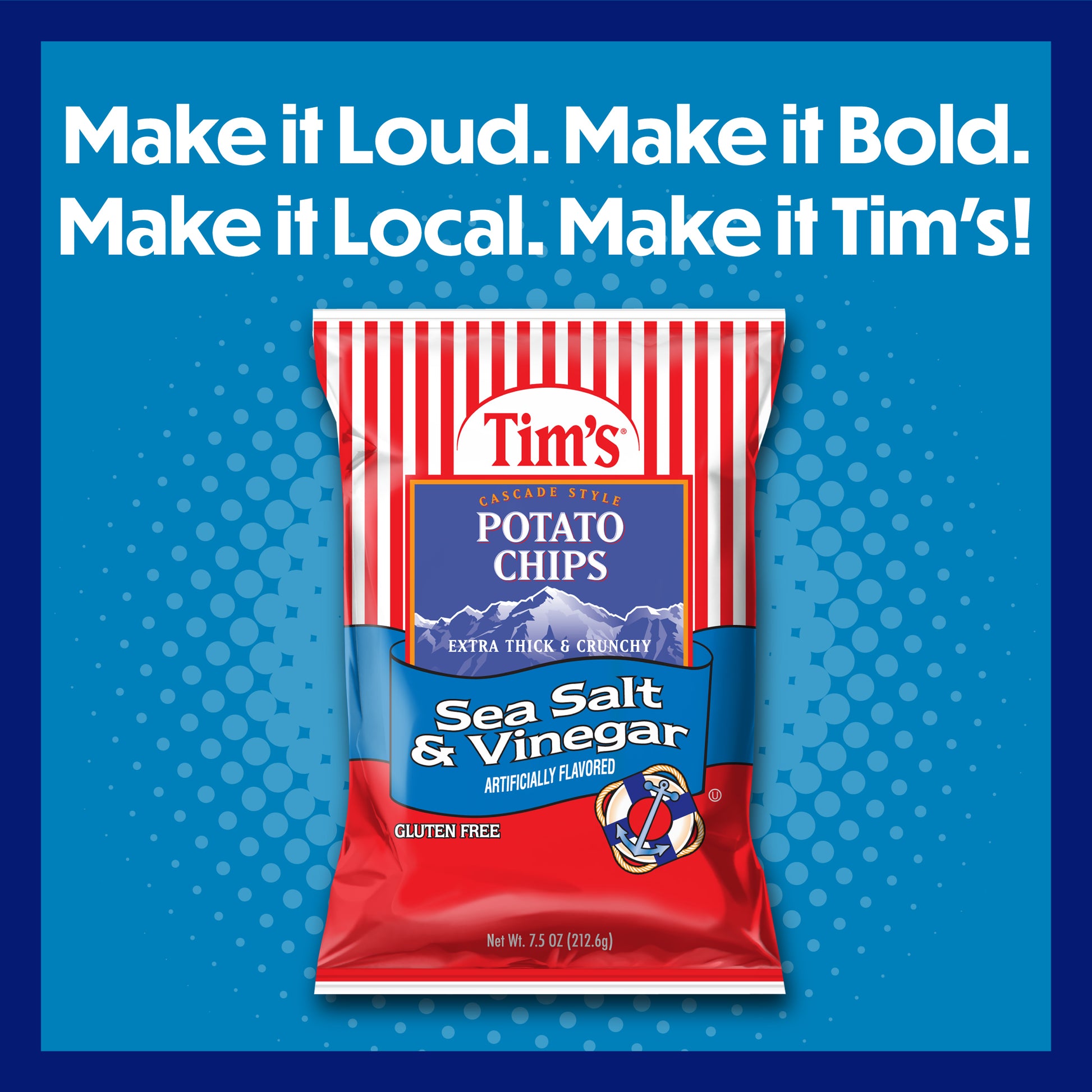 Tim's Potato Chips Sea Salt & Vinegar packet on a blue background with promotional text.