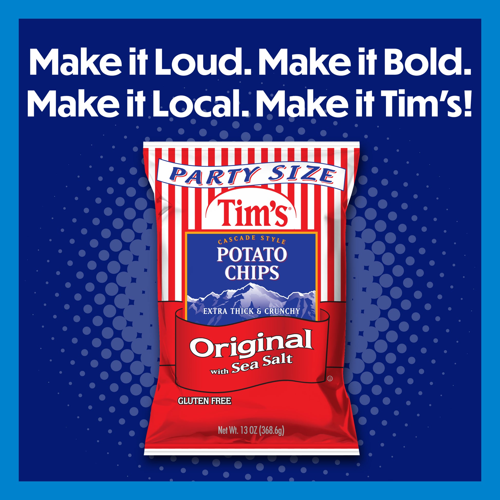 Red and white Tim's potato chips package on a blue background with text.