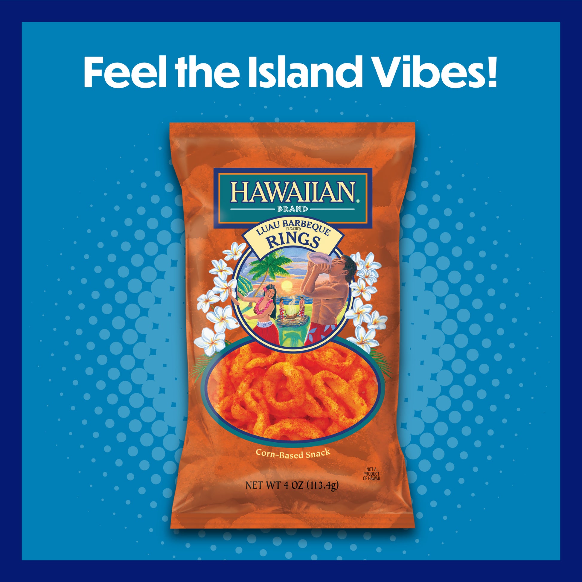 Hawaiian brand snack ring package on a blue background with text 'Feel the Island Vibes!'.