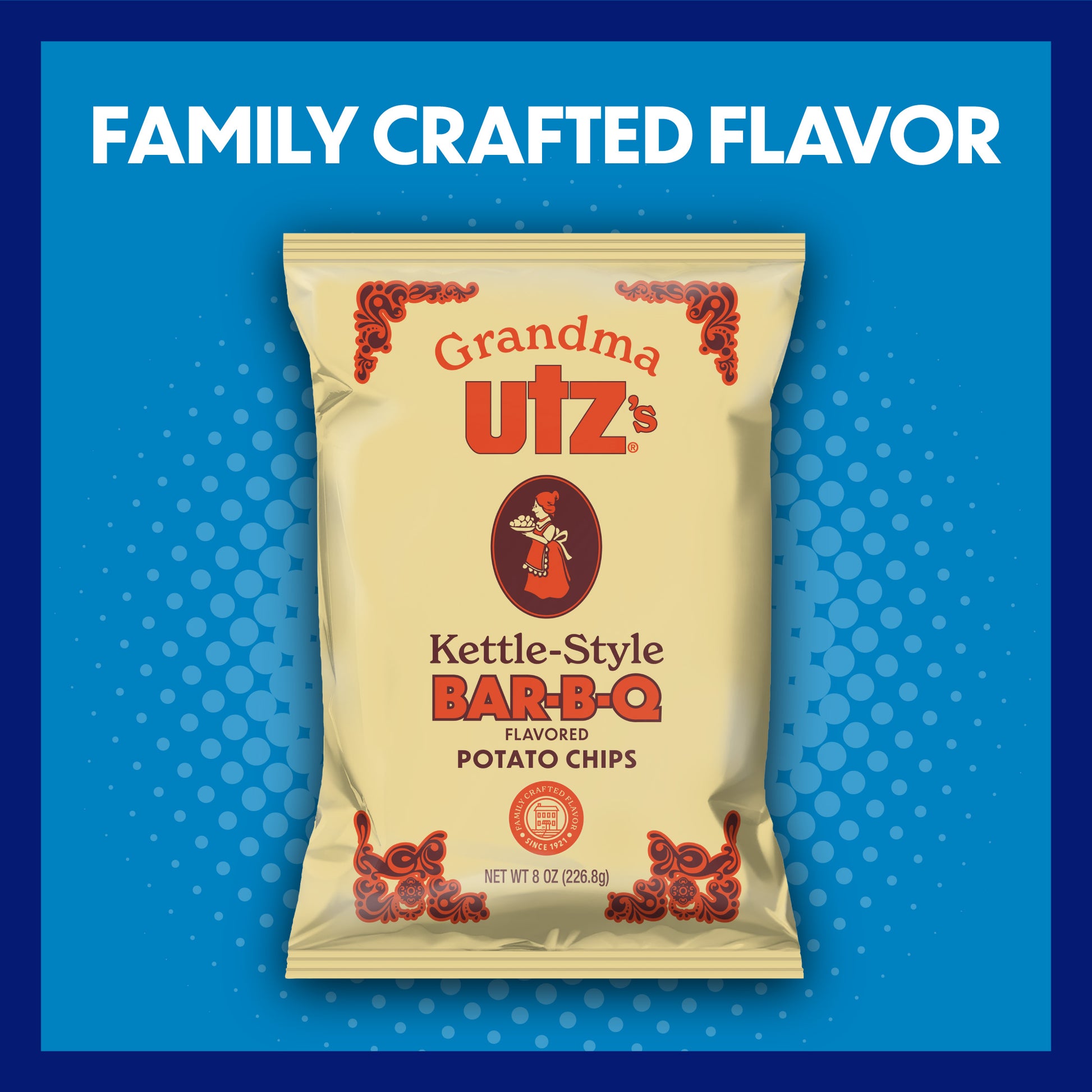 Grandma Utz’s Kettle-Style Bar-B-Q Potato Chips bag with “Family Crafted Flavor” text on blue background