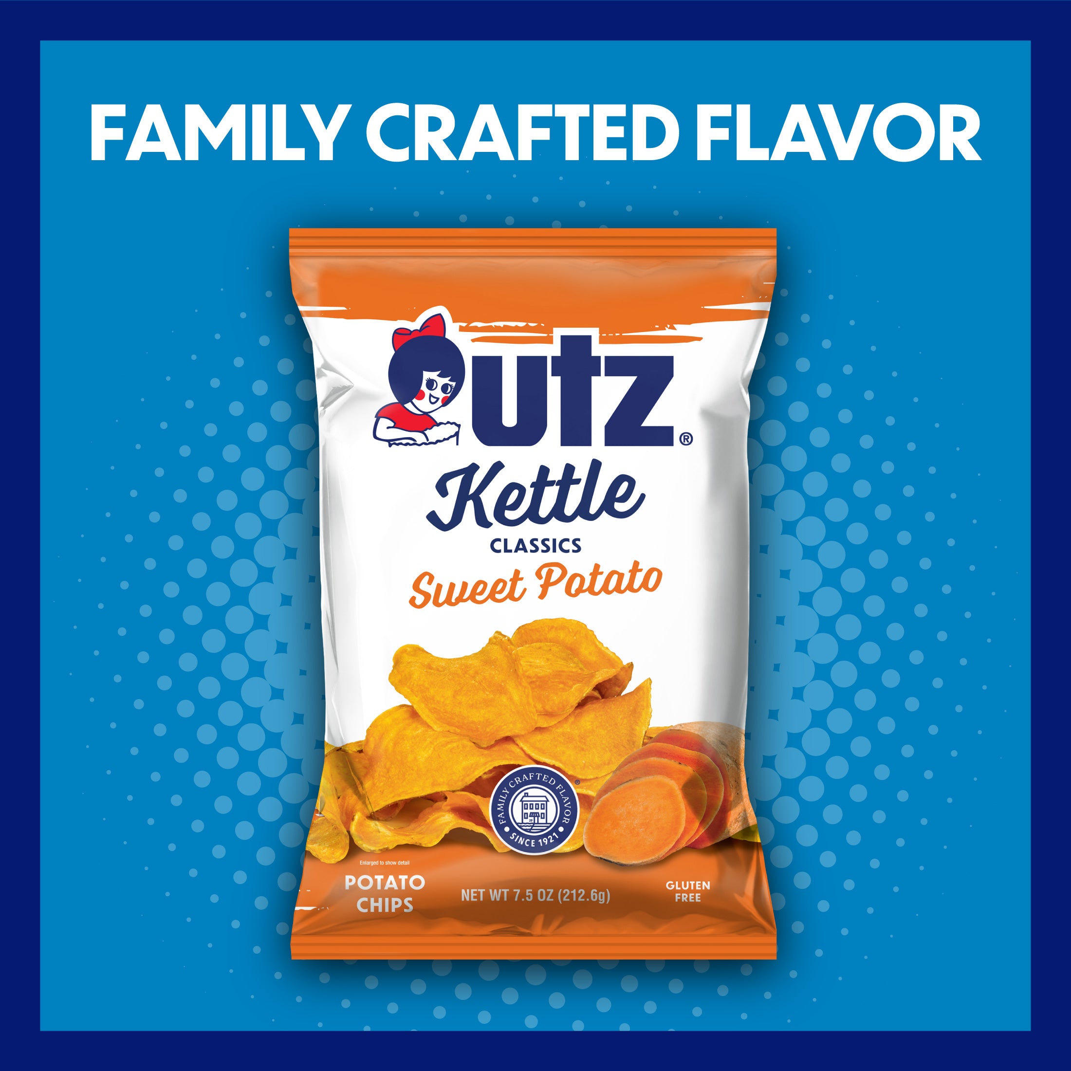 UTZ Kettle Classics Sweet Potato chips packaging on a blue background with text 'Family Crafted Flavor'.