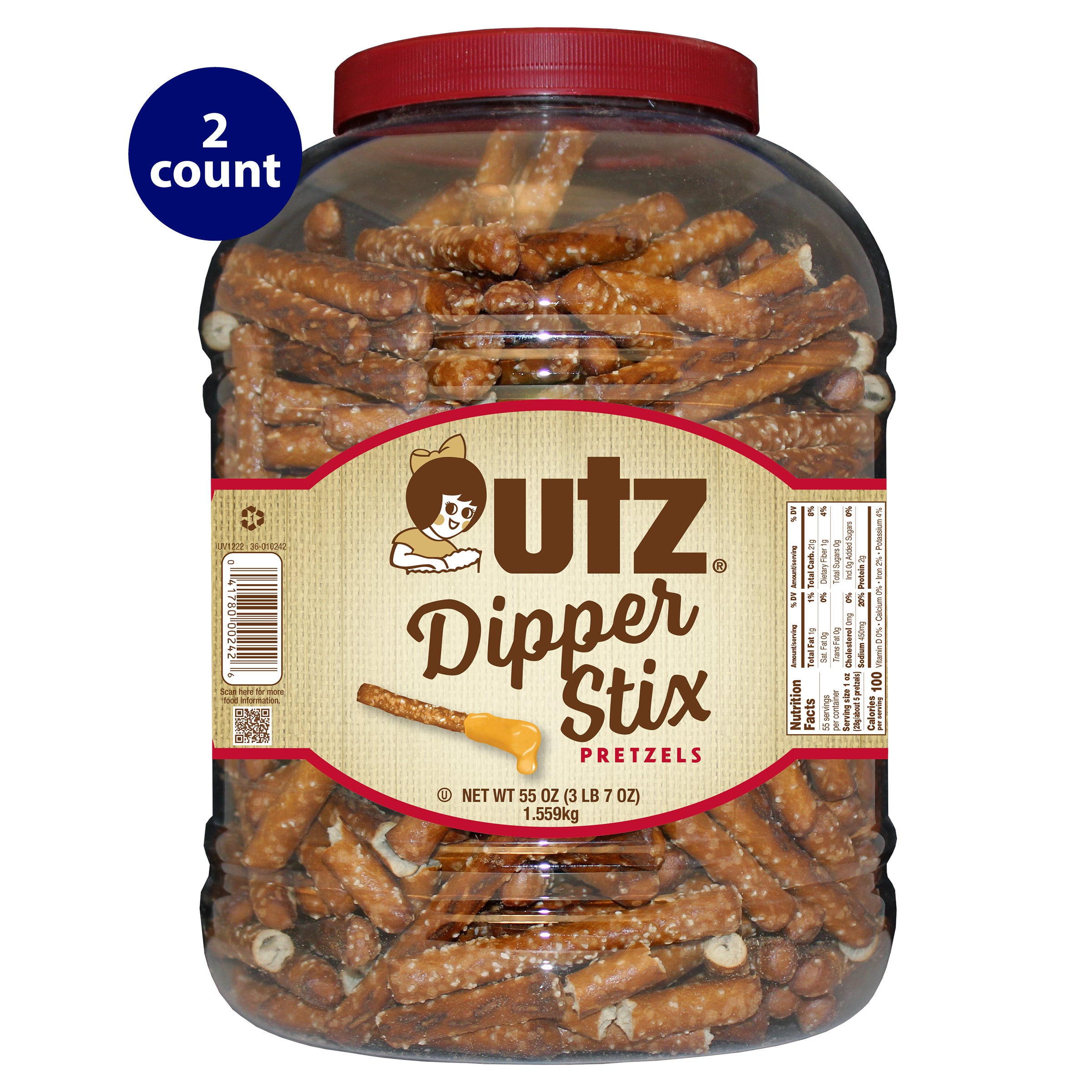 A large plastic container of Utz Dipper Stix Pretzels with a red lid. The label features the Utz logo with a girl icon, the product name “Dipper Stix,” and an image of a pretzel stick dipped in cheese. The container holds 55 oz (3 lb 7 oz) or 1.559 kg of pretzel sticks, and a “2 count” label is shown in the top left corner.