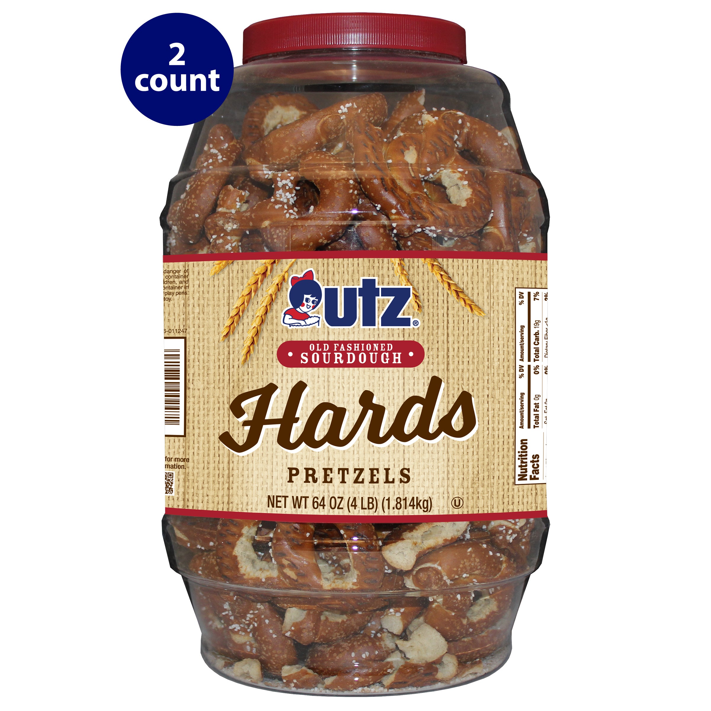 Image of a 64 oz (4 lb) barrel of Utz Old Fashioned Sourdough Hards Pretzels, labeled '2 count' at the top left. The pretzels are visible through the clear container, with a red lid and product branding on the front label.