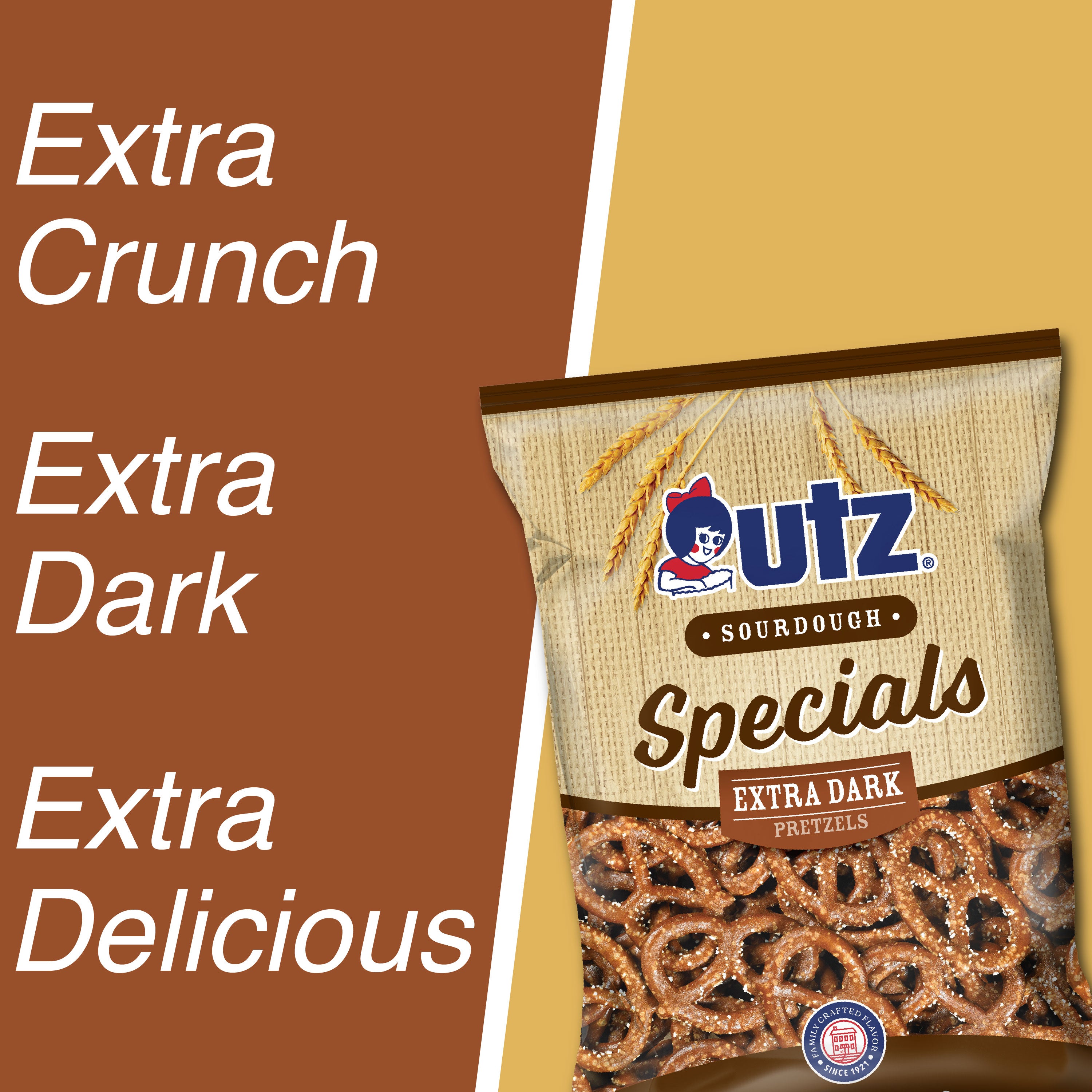 UTZ Sourdough Specials Extra Dark Pretzels packaging with text on a brown and beige background