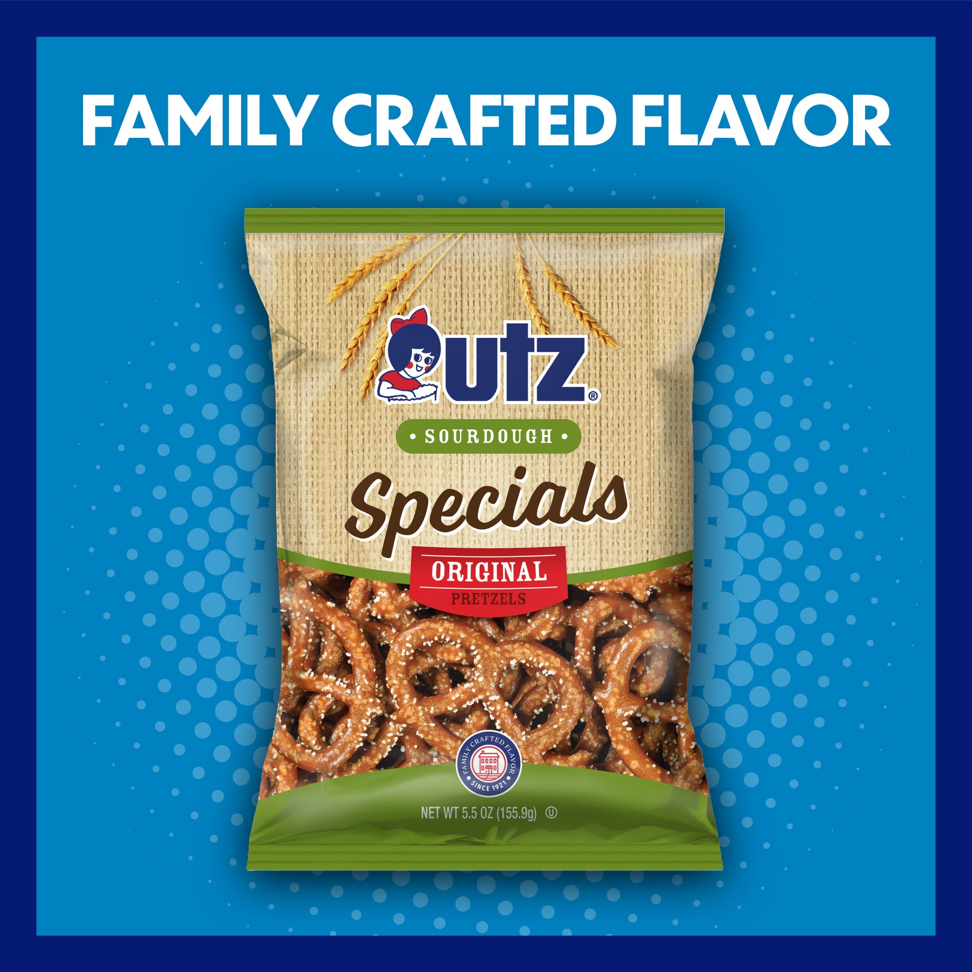 UTZ Sourdough Specials pretzel package on a blue background with text 'Family Crafted Flavor'.