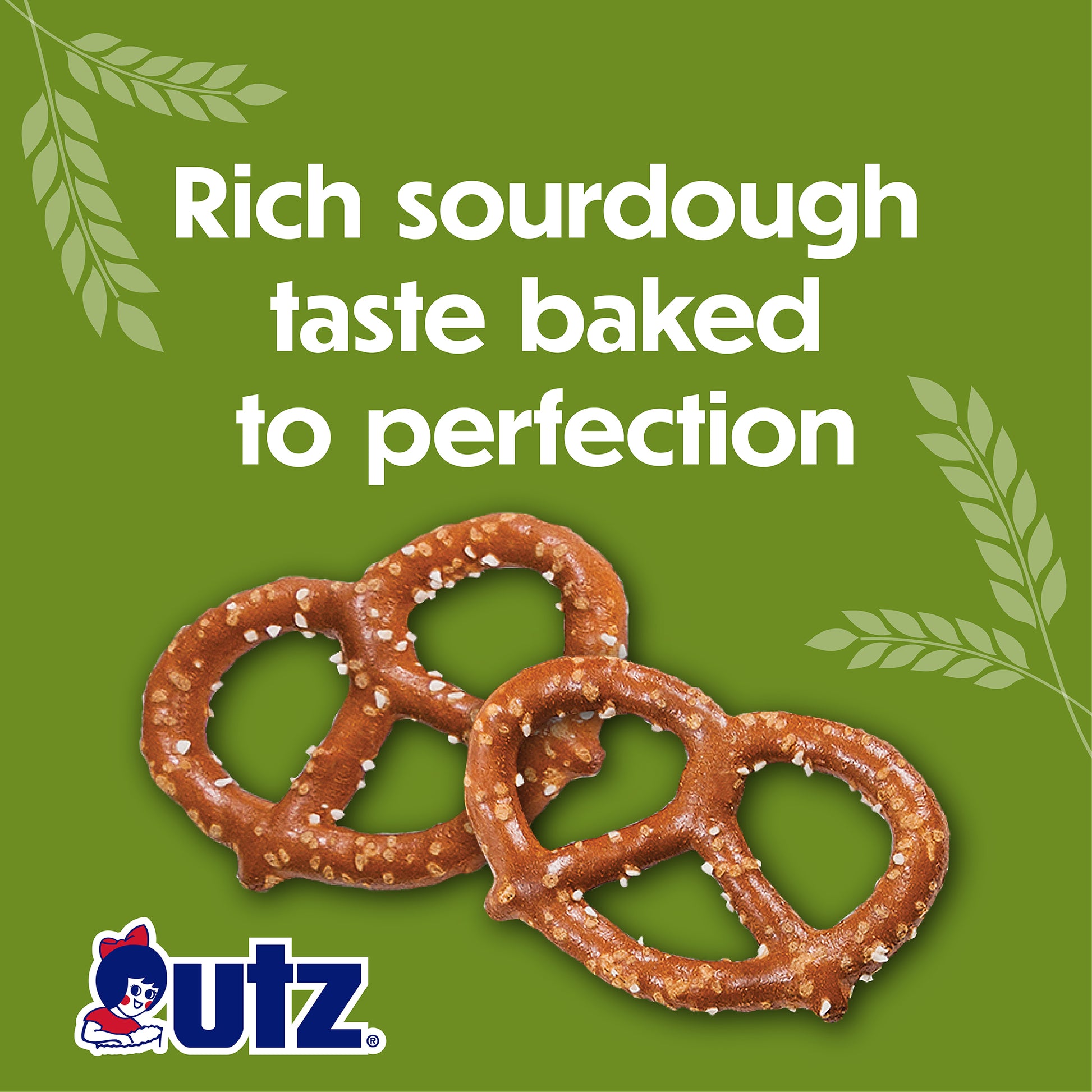 UTZ pretzels with text 'Rich sourdough taste baked to perfection' on a green background