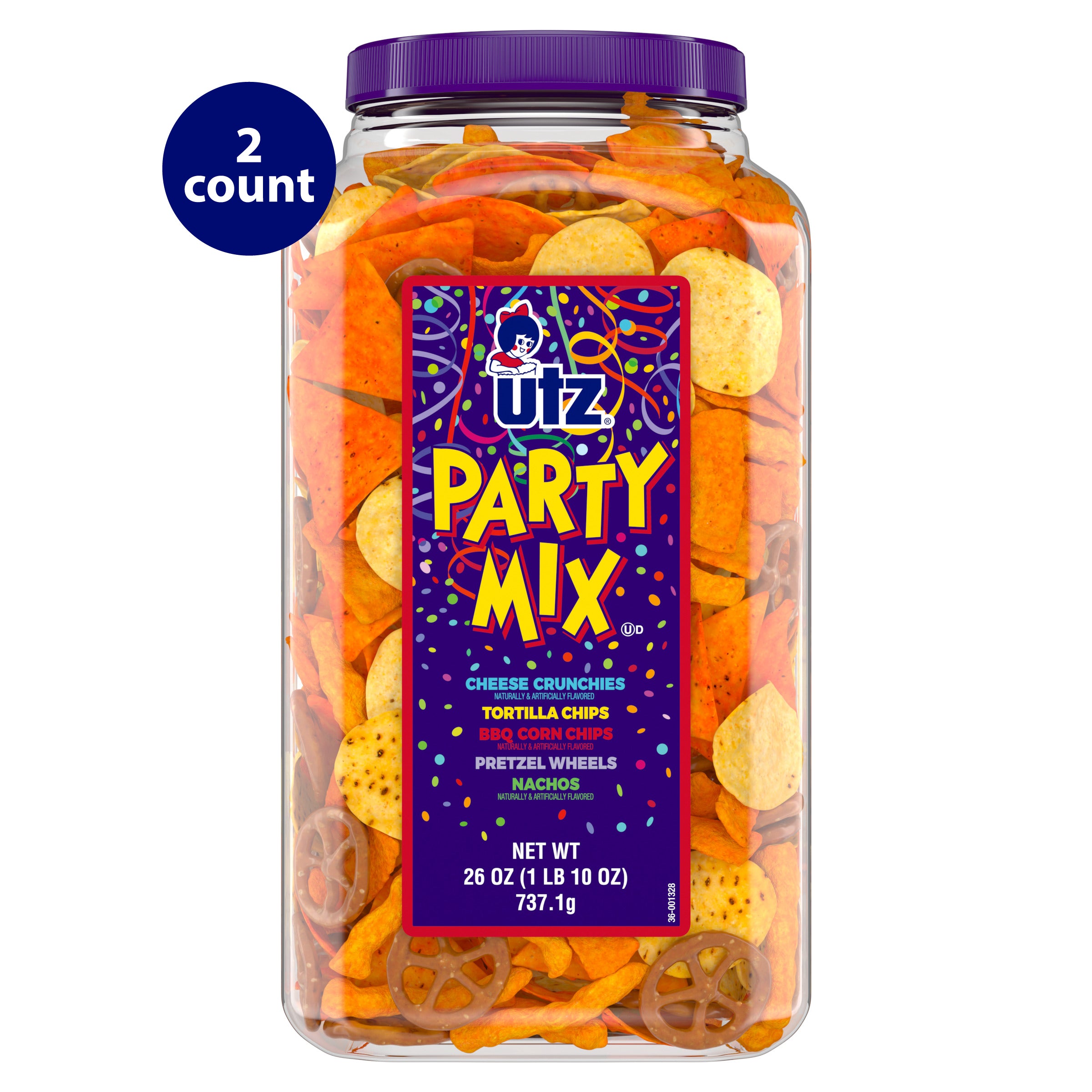 A large plastic jar of Utz Party Mix with a purple lid. The label features bright, festive colors with confetti graphics and lists the contents: cheese crunchies, tortilla chips, BBQ corn chips, pretzel wheels, and nachos. The jar has a “2 count” label in the top left corner, and the net weight is 26 oz (1 lb 10 oz) or 737.1g.