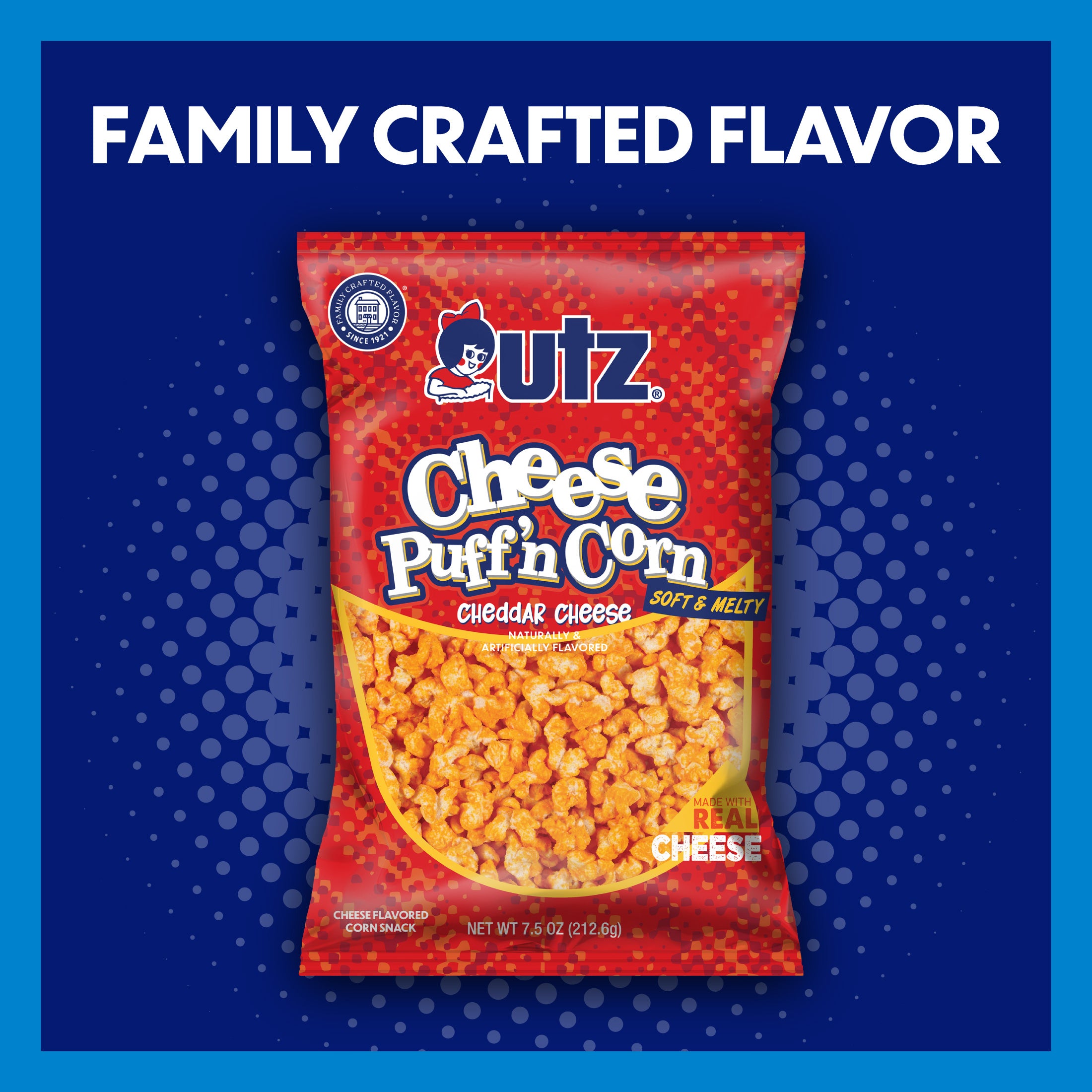 utz Cheese Puff 'n Corn snack packet on a blue background with text about family crafted flavor.