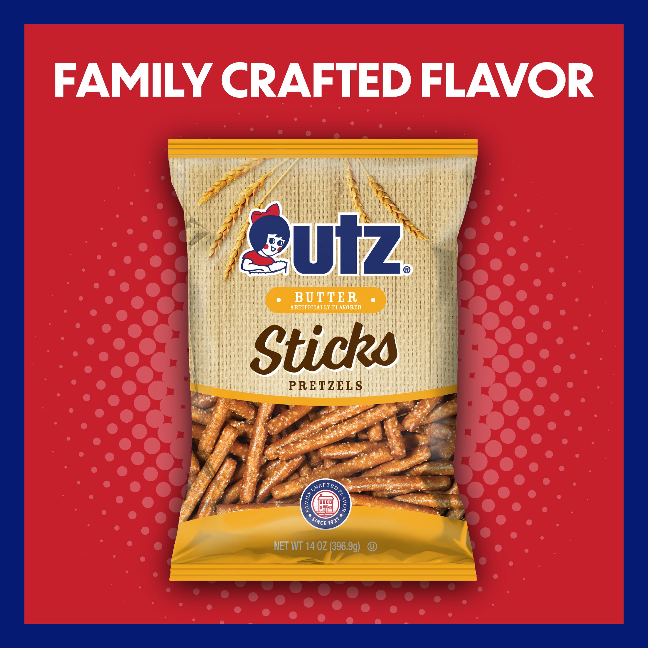 UTZ Butter Sticks Pretzels packaging on a red background with 'Family Crafted Flavor' text.
