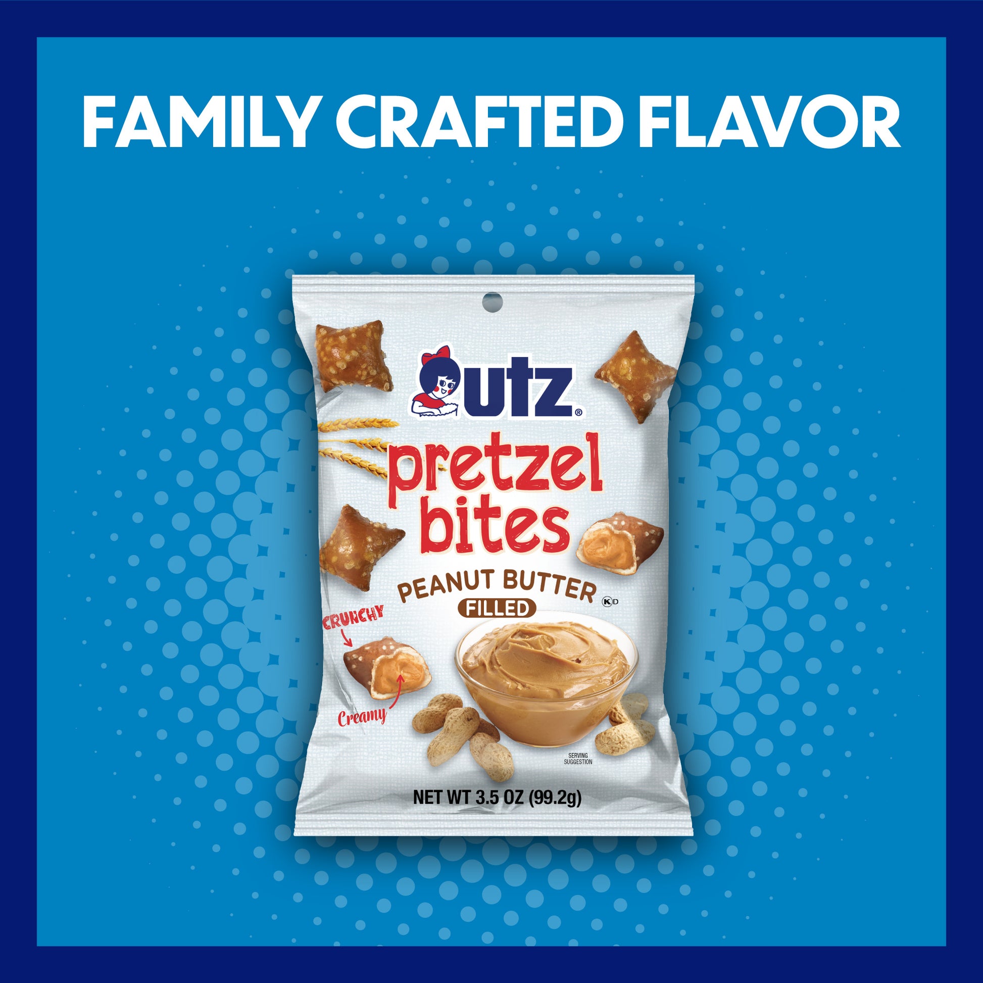 UTZ Pretzel Bites Peanut Butter Filled snack package on a blue background with text 'Family Crafted Flavor'.