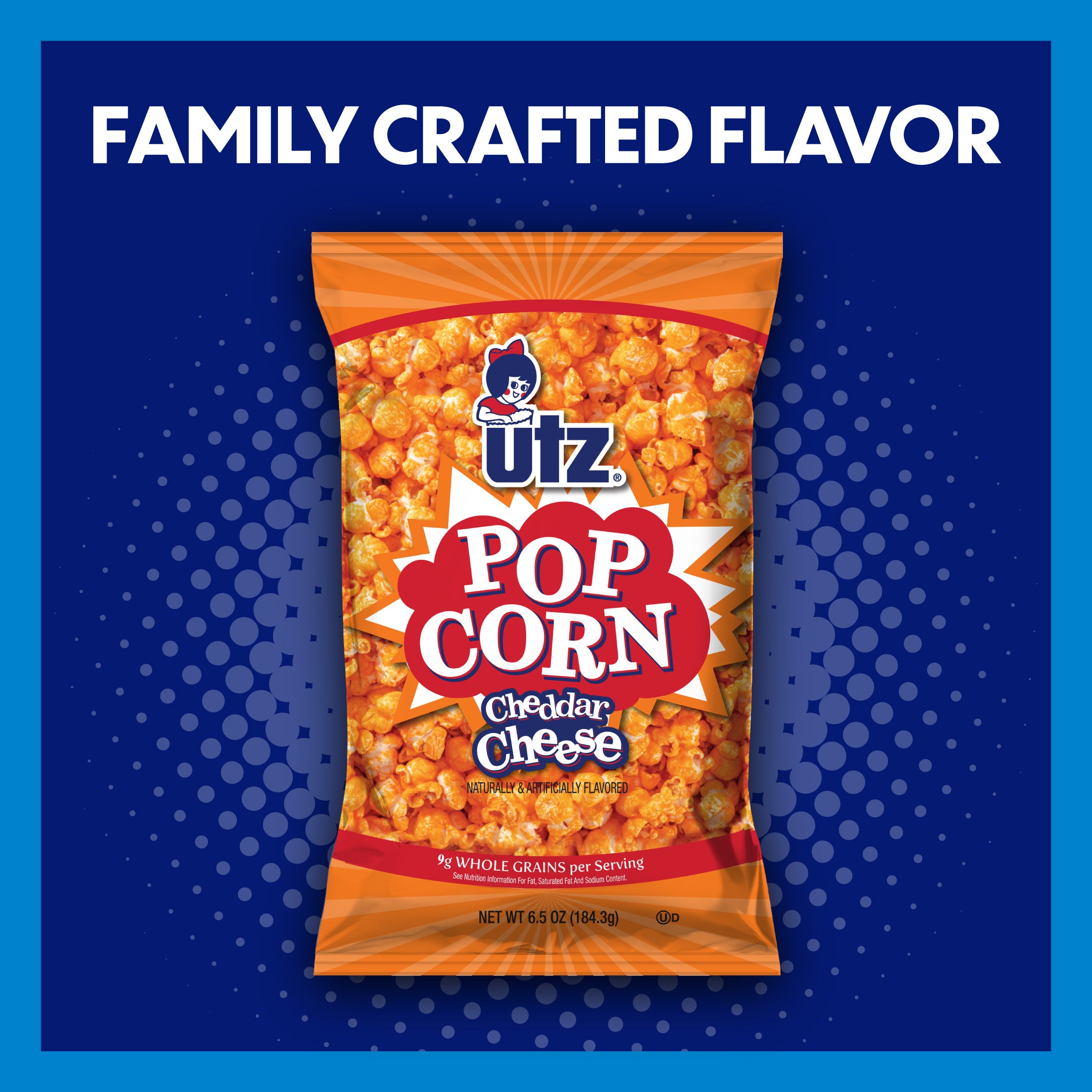 Utz Cheddar Cheese popcorn packet on a blue background with 'Family Crafted Flavor' text.