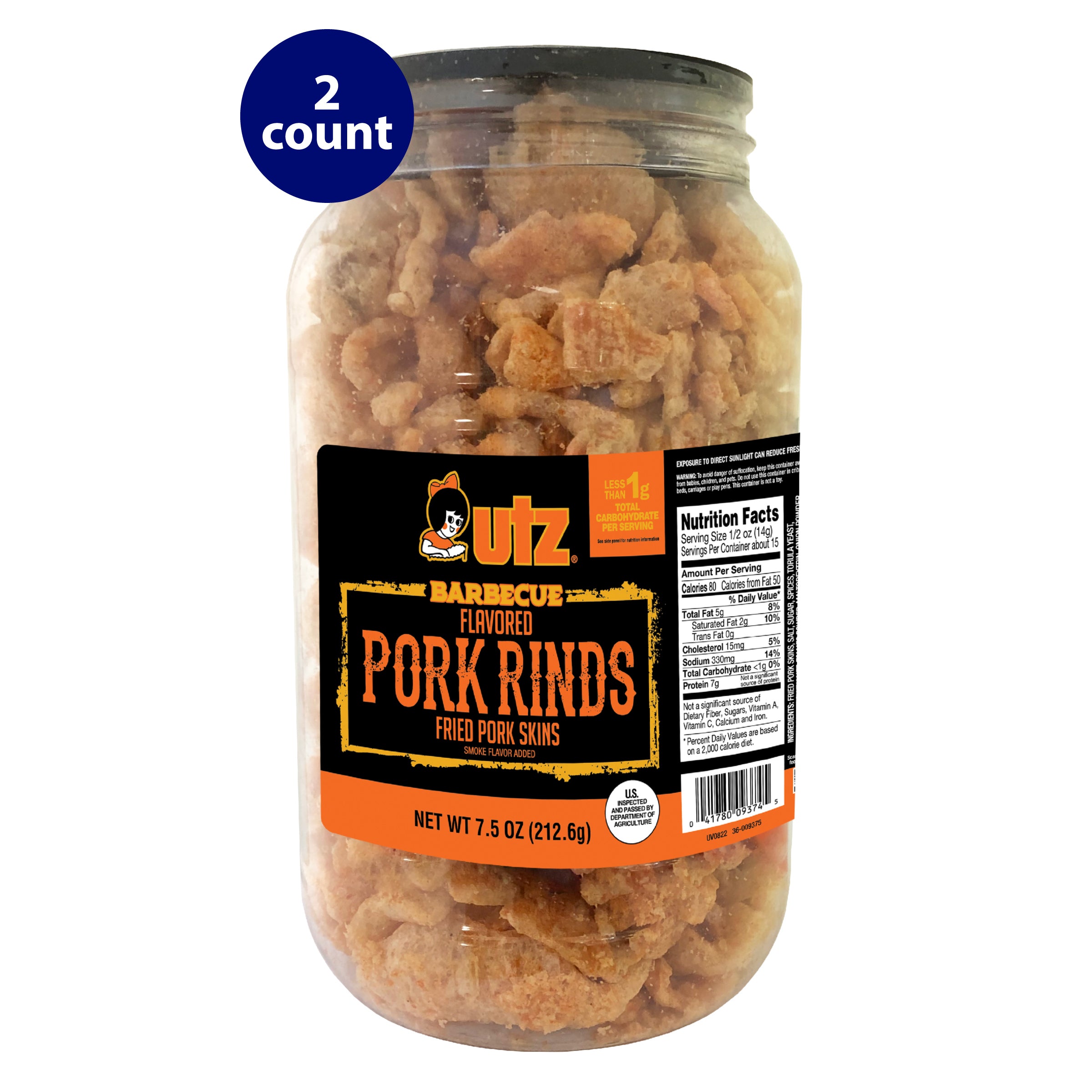 Jar of Utz Barbecue Flavored Pork Rinds, labeled as a 2-count, with a black and orange design on the front showing nutrition facts and product information.