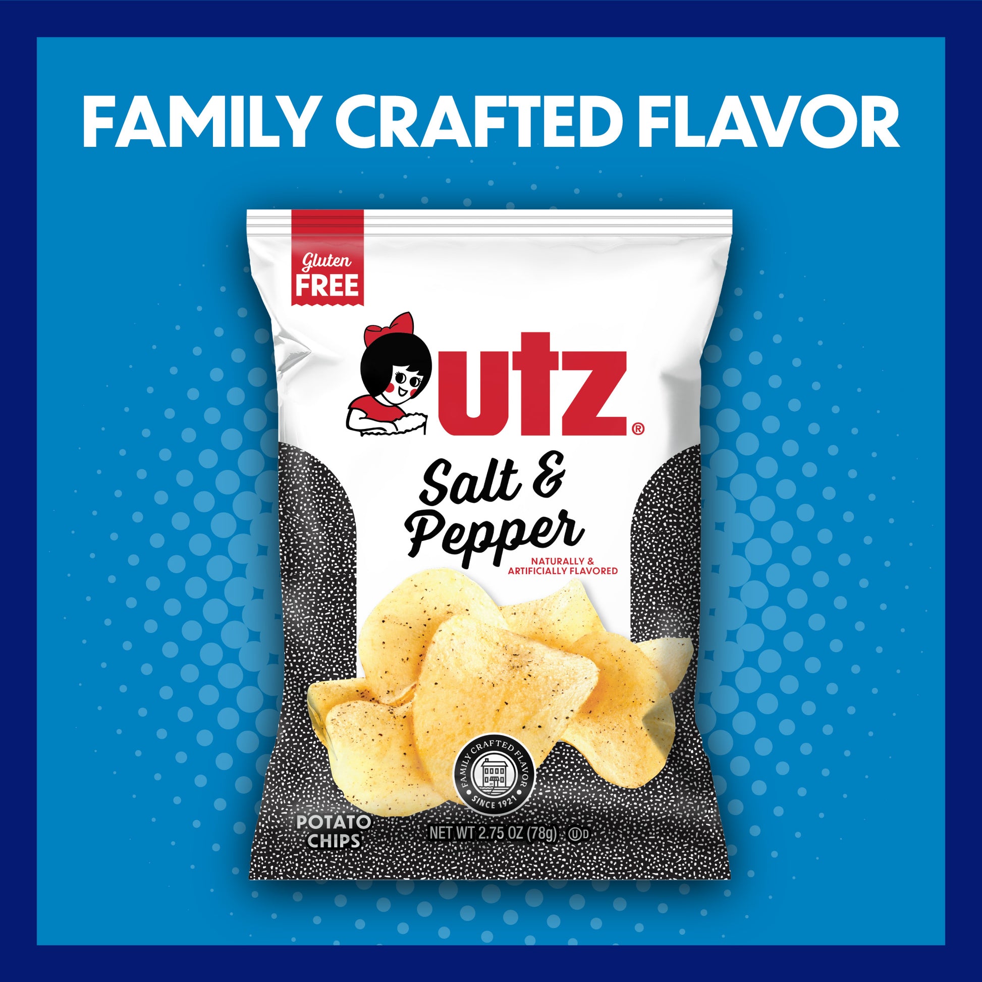 UTZ Salt & Pepper potato chips packaging on a blue background with 'Family Crafted Flavor' text.