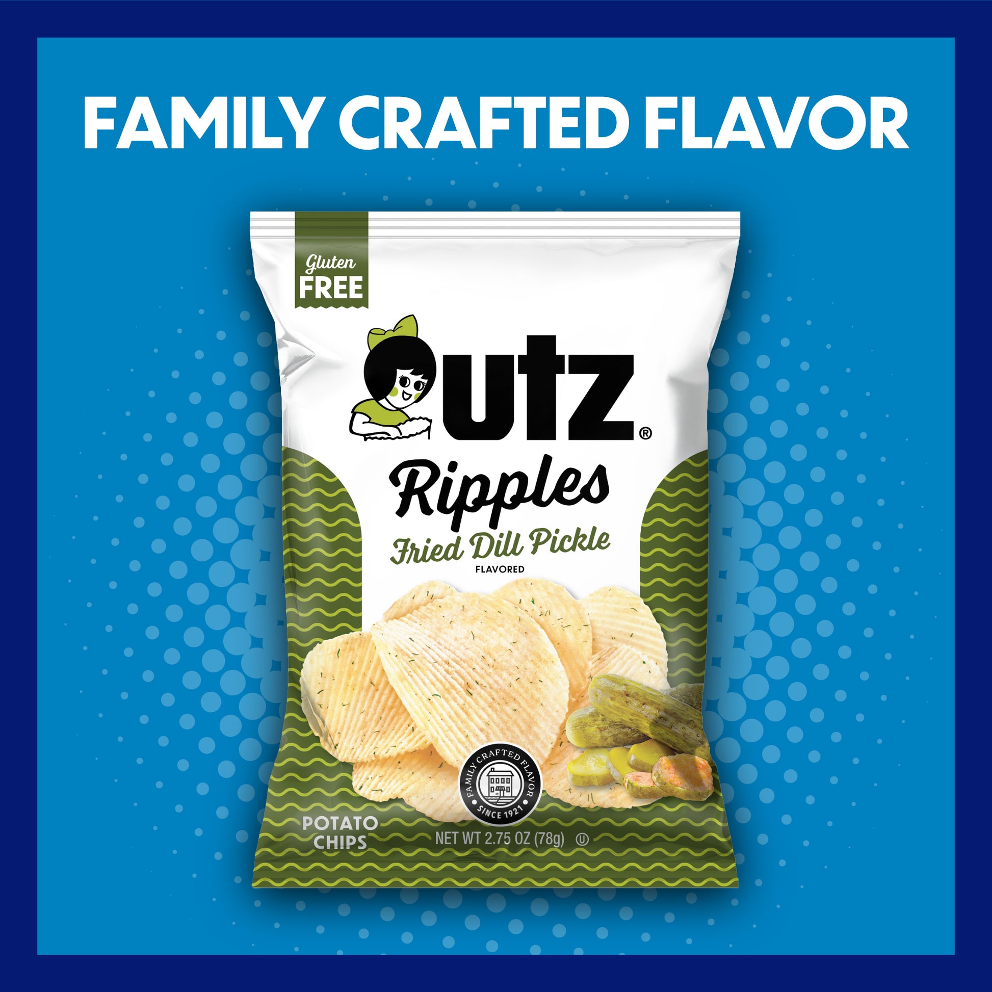 UTZ Ripples Fried Dill Pickle flavored potato chips packaging on a blue background with text 'Family Crafted Flavor'.